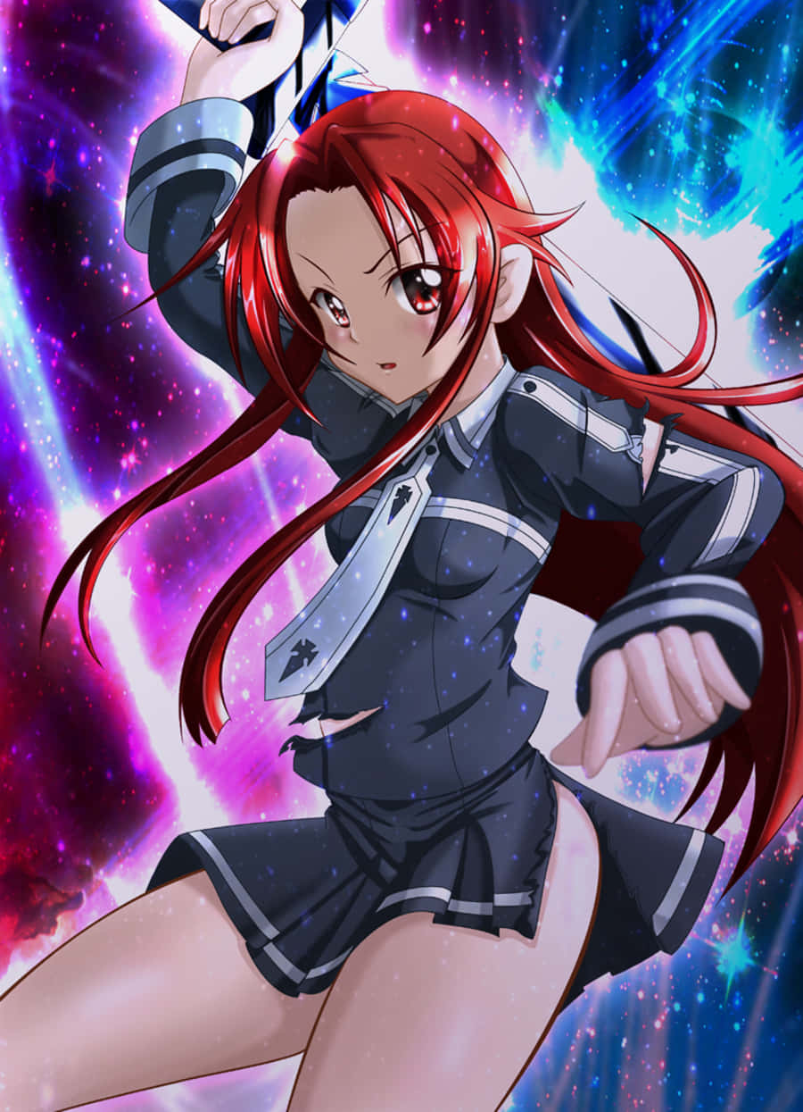 Tiese Shtolienen 桌布 壁紙 — 一位紅髮動漫少女穿著校服，在充滿活力的宇宙背景下揮舞著發光的劍。