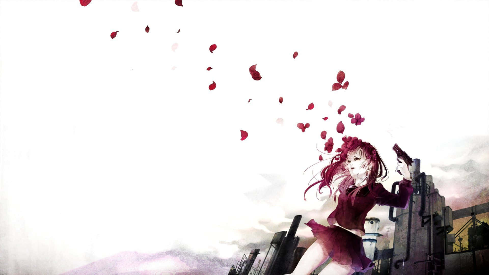 Sad Anime Art 桌布 壁紙 — 一位紅髮動漫少女身穿栗色服裝，在純白天空的襯托下開槍，深紅色的花瓣在她周圍爆開。