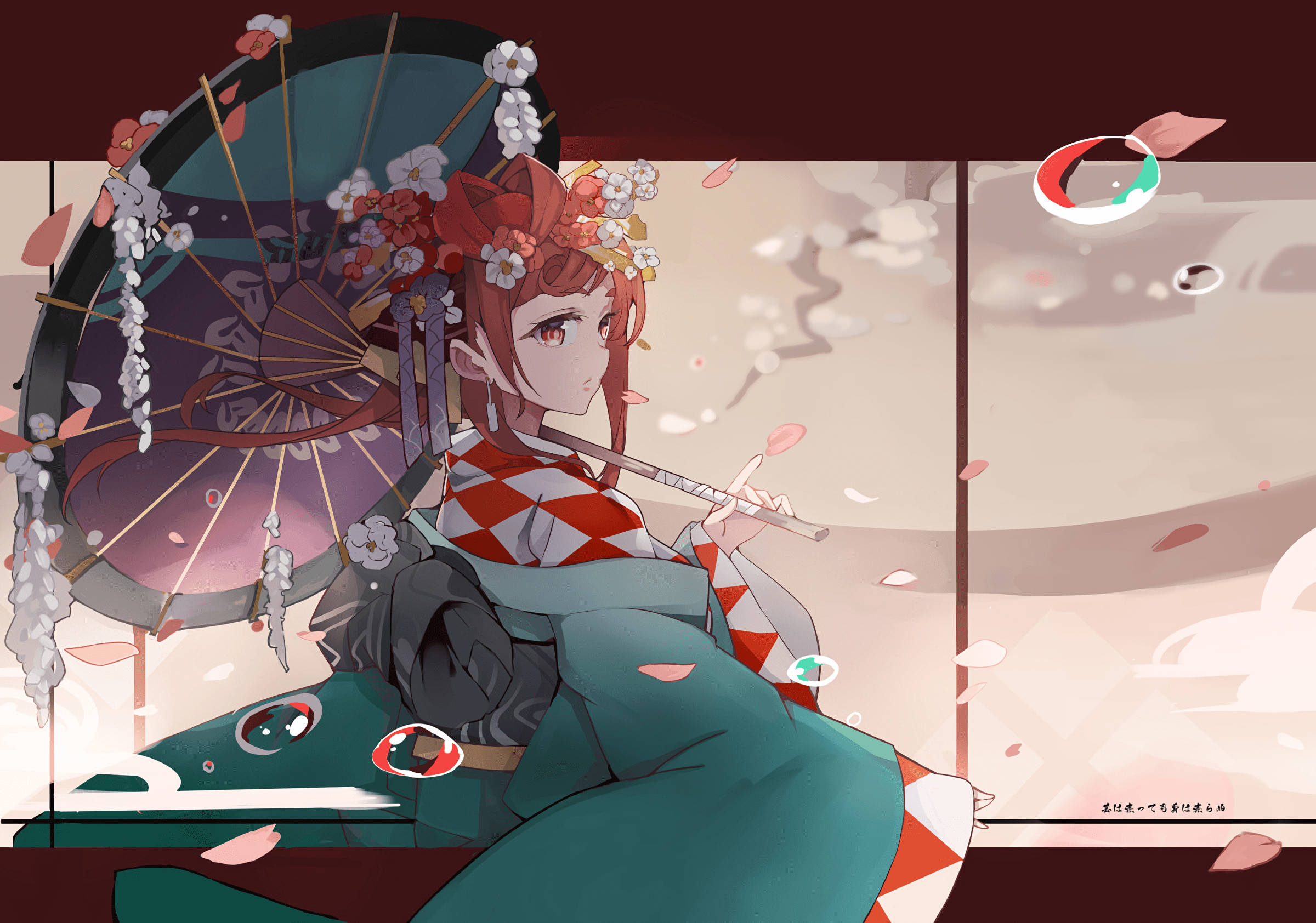 zombie land saga 桌布 壁紙 — 一位紅髮動漫少女身穿綠色和服，手持花卉陽傘，櫻花在她周圍柔和的粉彩場景中飄舞。