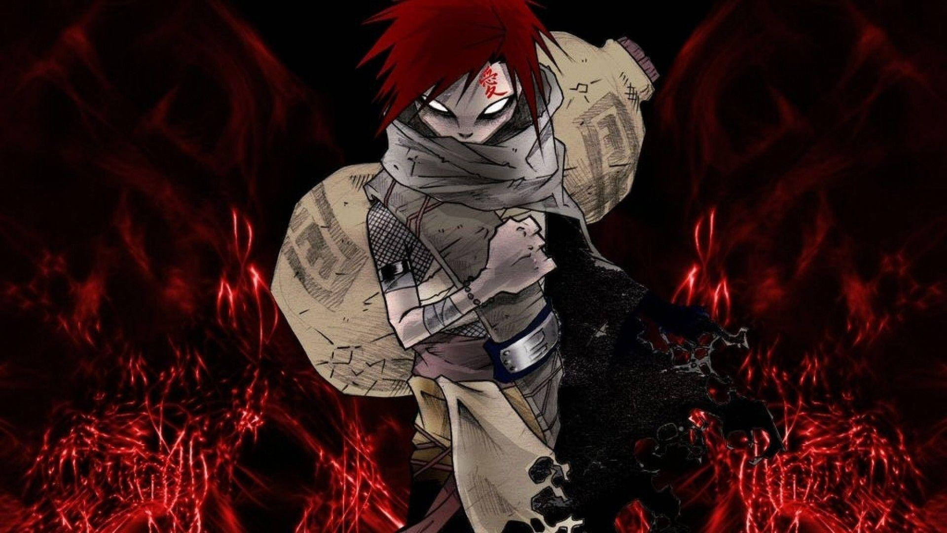 Gaara 桌布 壁紙 — 一位紅髮動漫忍者，眼睛發光，在黑色背景中旋轉的深紅色火焰中挑釁地站立。
