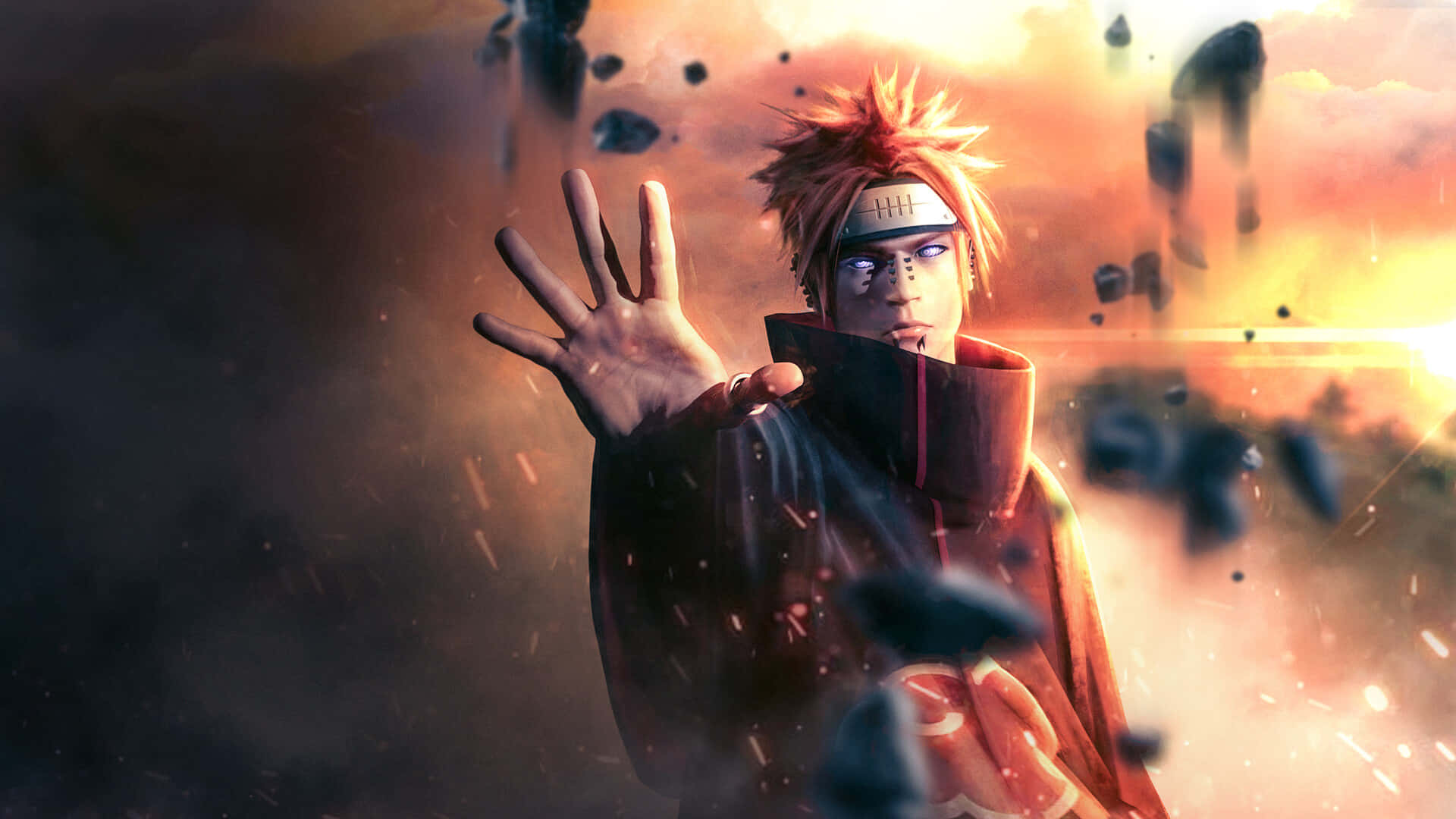 Akatsuki Yahiko 桌布 壁紙 — 一位紅髮動漫忍者身穿紅色斗篷，在發光的橙色天空下挑釁地站立，碎片在他周圍飛舞。