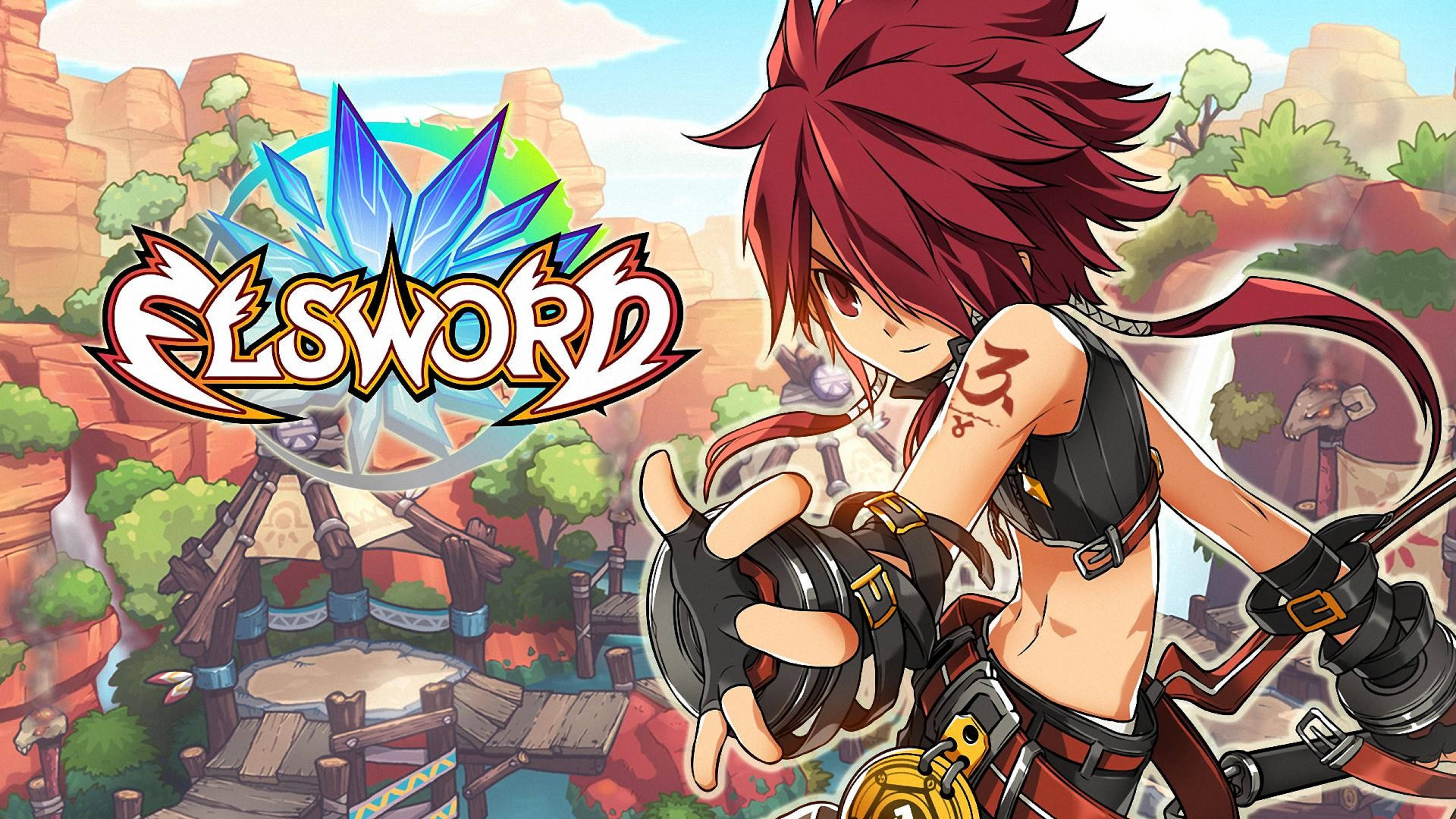 Elsword 桌布 壁紙 — 一位紅髮動漫戰士，機械手臂自信地做手勢，背景是充滿活力的峽谷村莊。