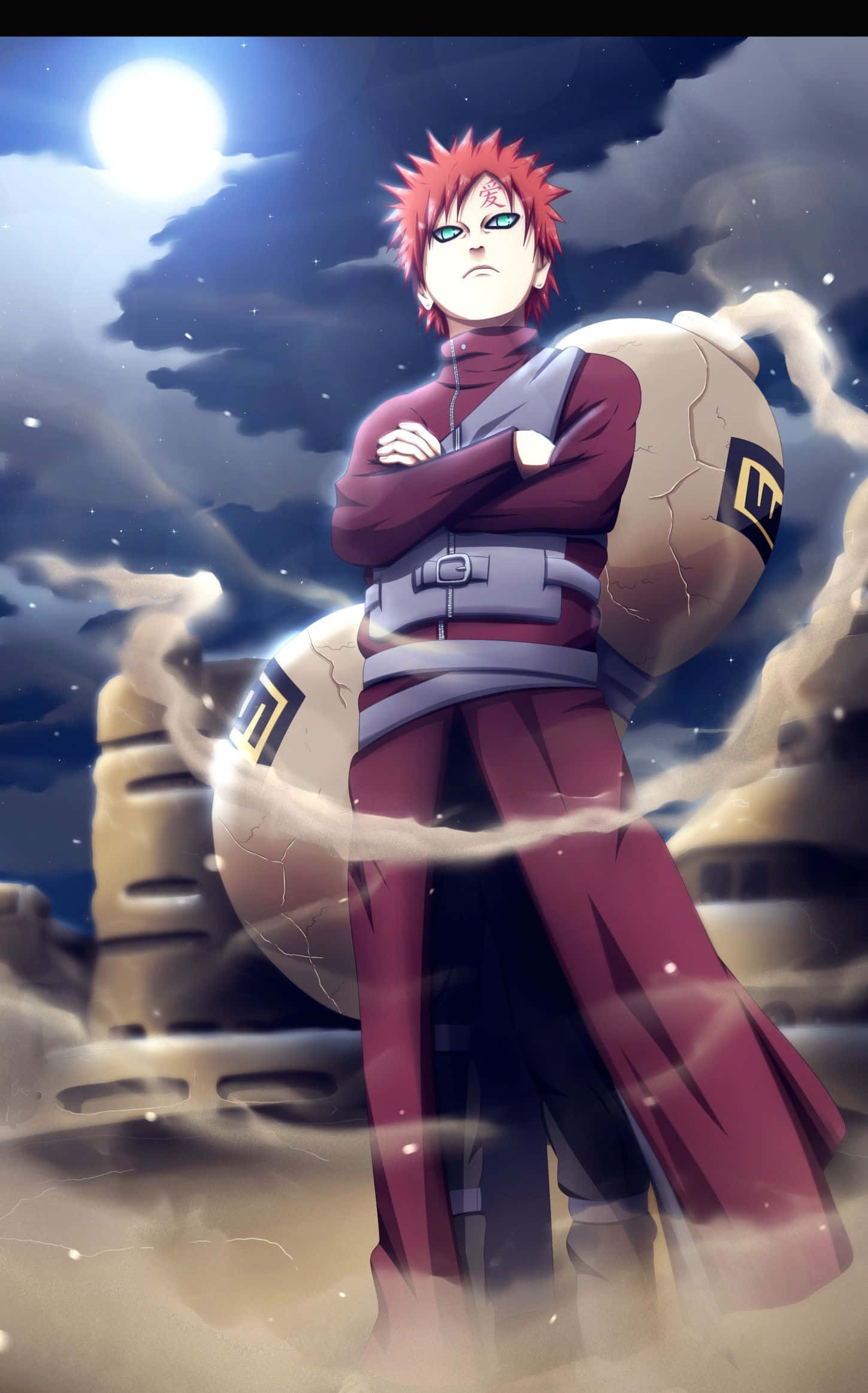 Gaara Naruto Anime 桌布 壁紙 — 一位紅髮動漫戰士交叉雙臂，身旁放著一個大石盾，在滿月下挑釁地站立。