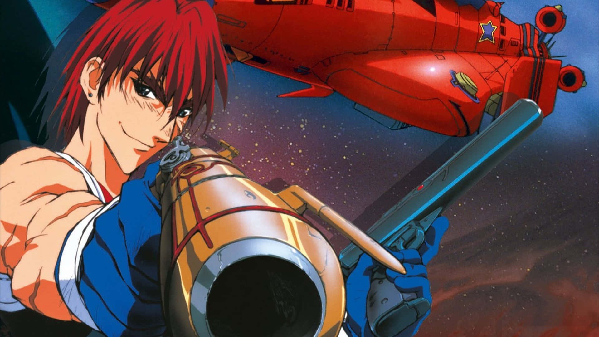 Outlaw Star 桌布 壁紙 — 一位紅髮動漫戰士在太空中手持火箭發射器和手槍，身後有一艘紅色太空船在星空背景下盤旋。