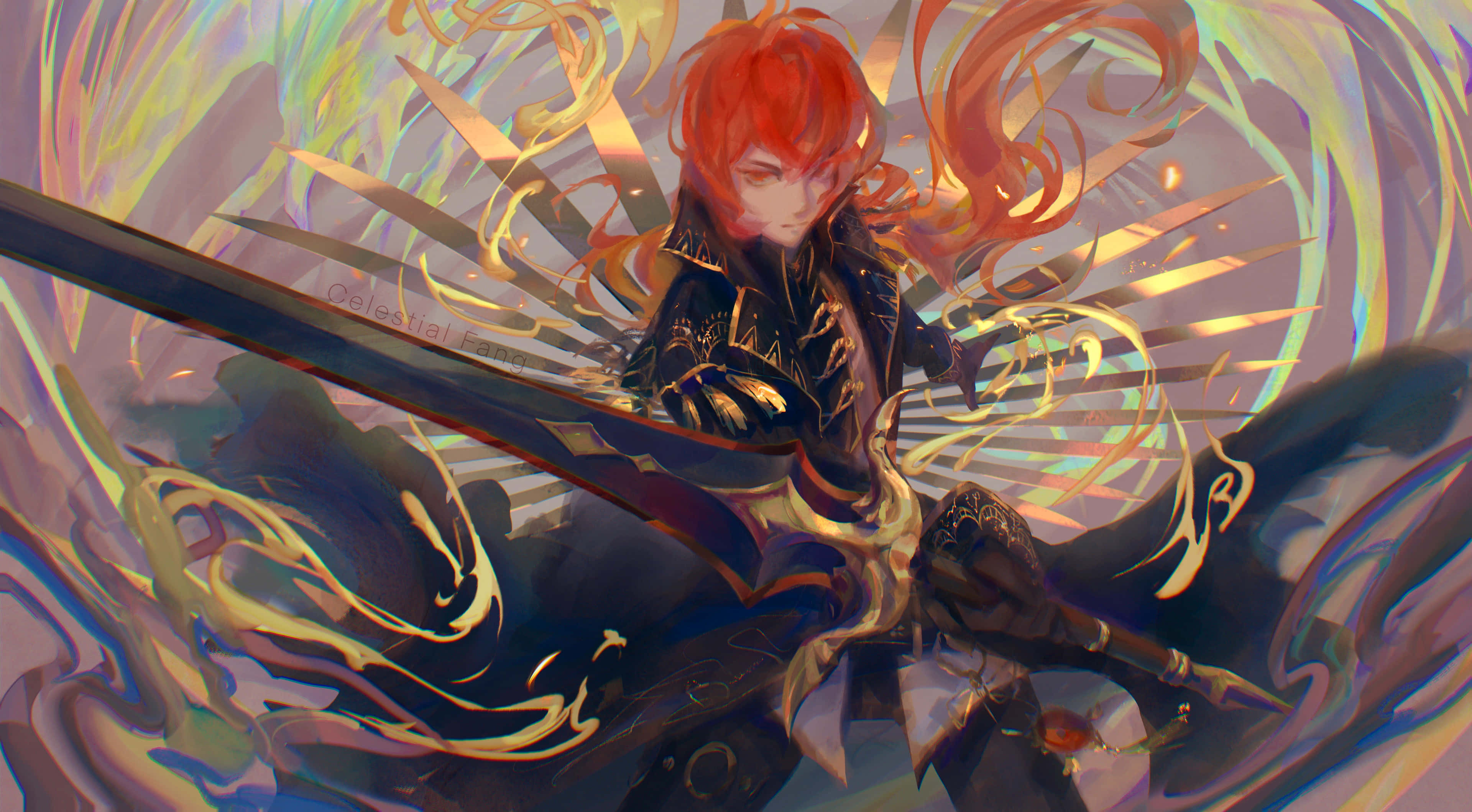 Diluc 桌布 壁紙 — 一位紅髮動漫戰士在旋轉的金色能量中揮舞著發光的劍，擺出動態的戰鬥姿勢。