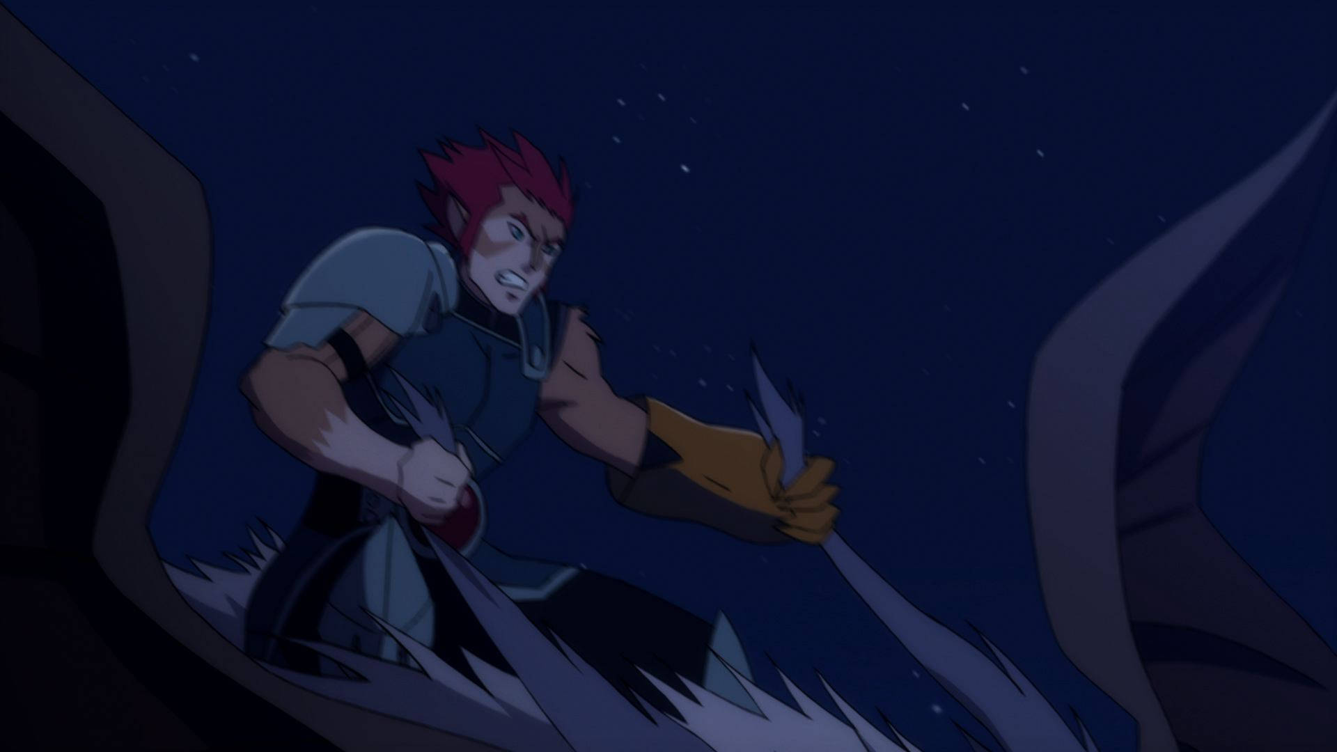 Thundercats 桌布 壁紙 — 一位紅髮動漫戰士在星空下緊張的夜戰中緊握劍。