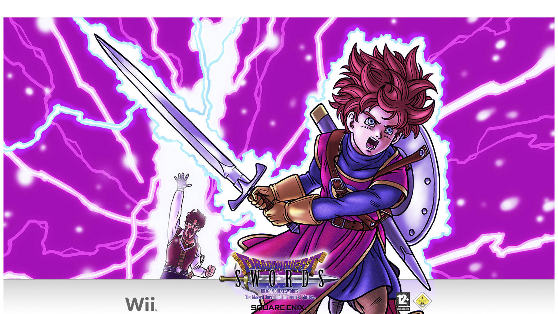 動漫戰士在紫色閃電風暴中持劍與盾。