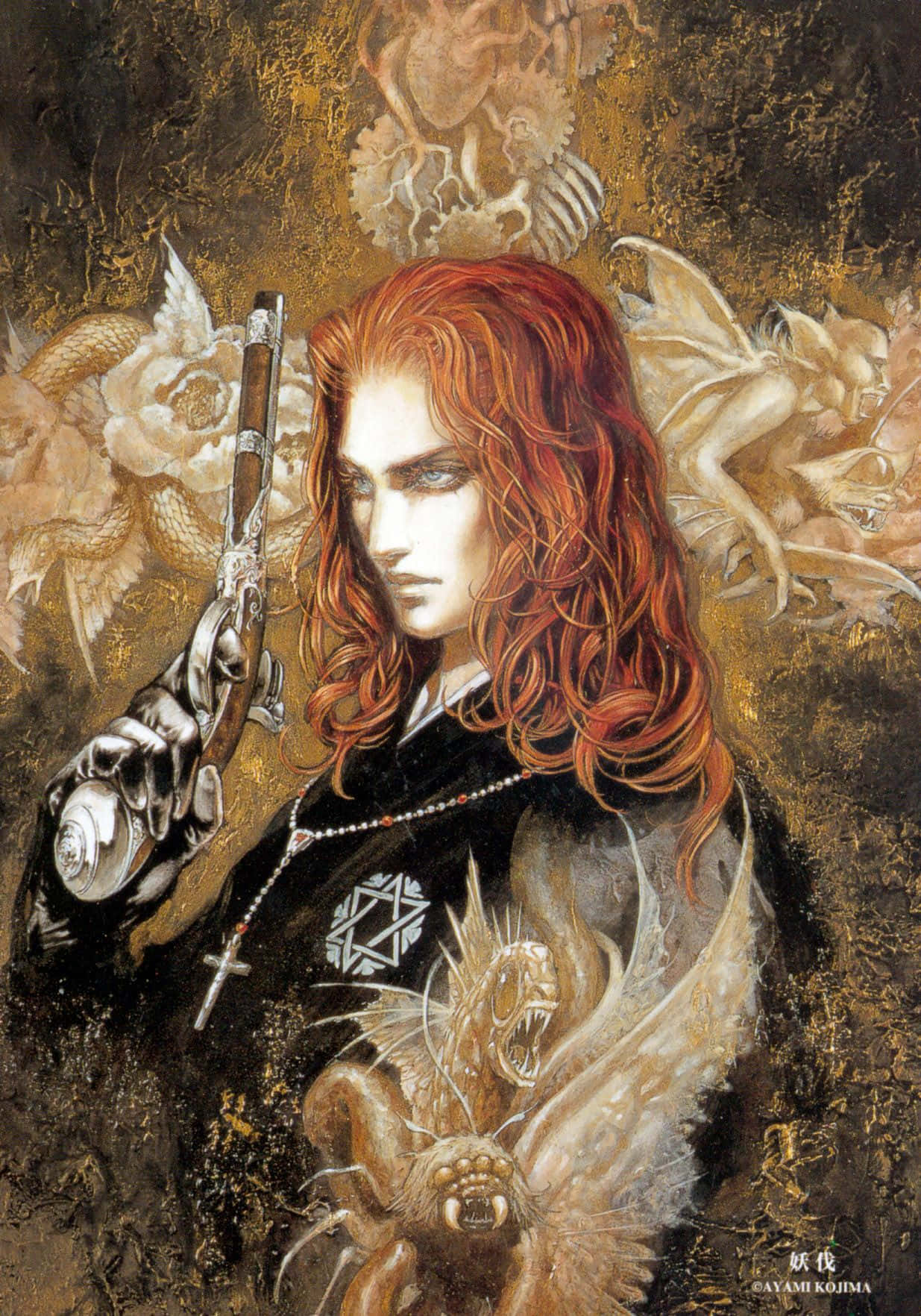 Castlevania 桌布 壁紙 — 一位紅髮動漫戰士在金色紋理背景中，於旋轉的惡魔與天使形象之間手持手槍。