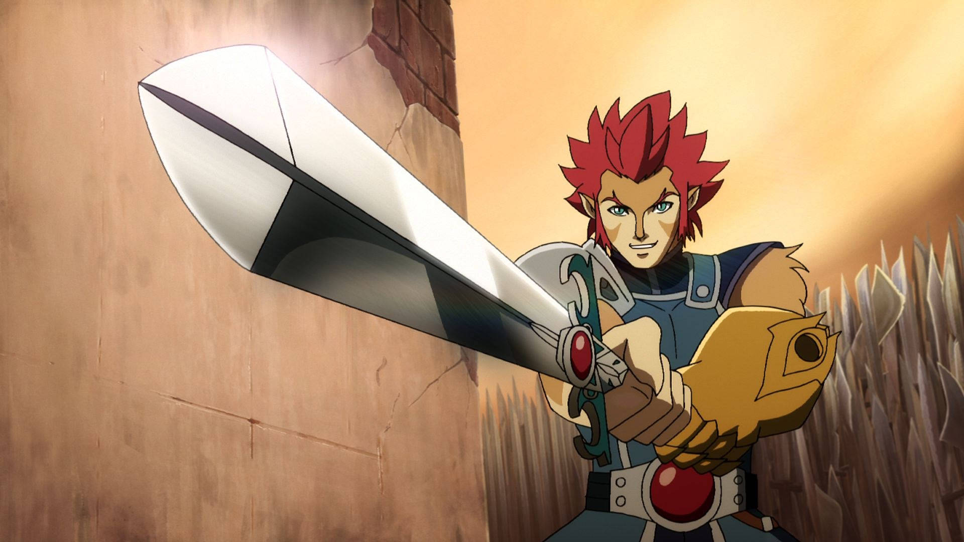 Thundercats 桌布 壁紙 — 一位紅髮動漫戰士在陽光普照、牆壁帶有尖刺的石頭走廊中握著一把大劍。