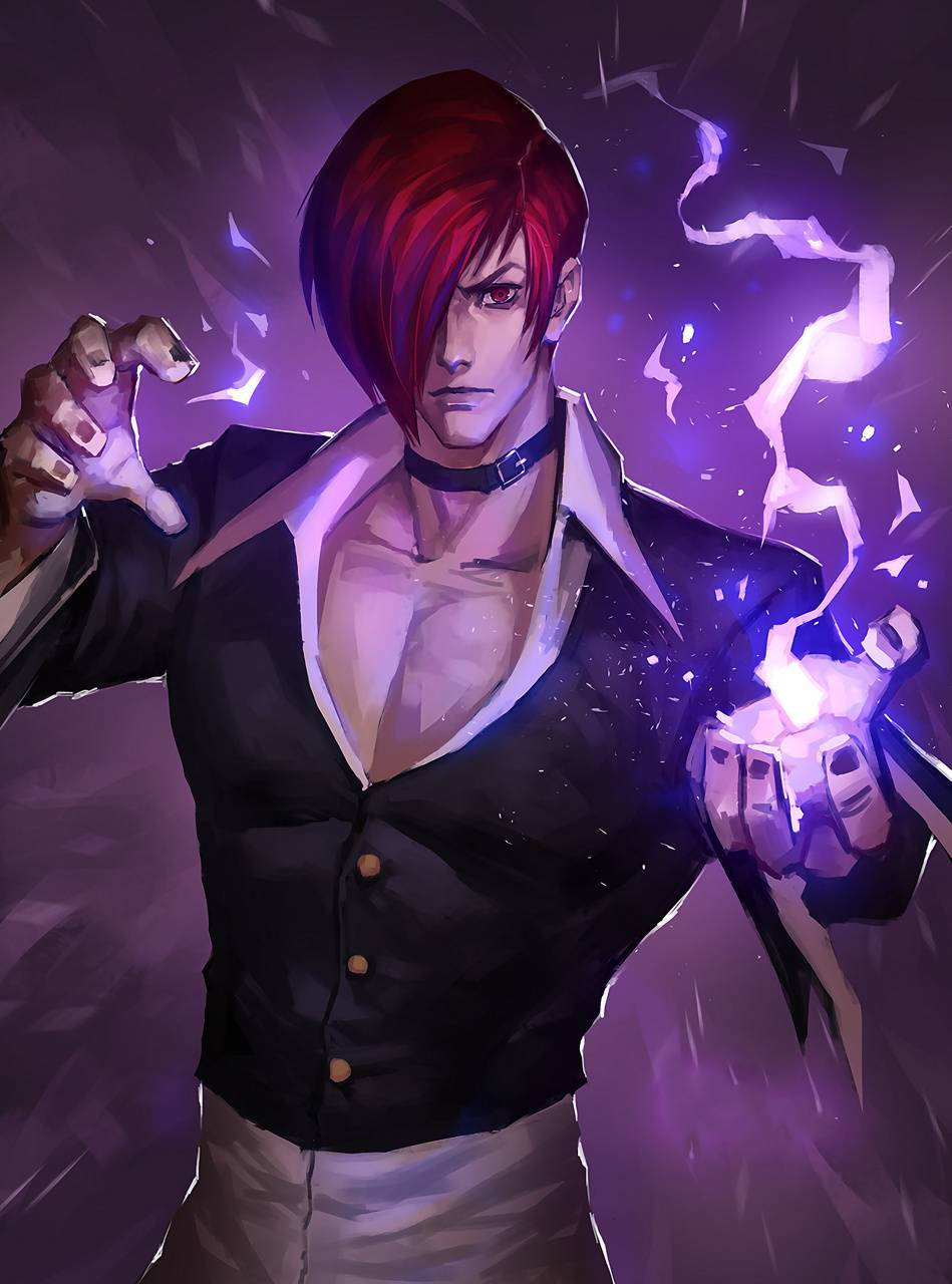 heroes 桌布 壁紙 — 一位紅髮動漫戰士在黑暗暴風雨背景下，從手中釋放出噼啪作響的紫色能量。