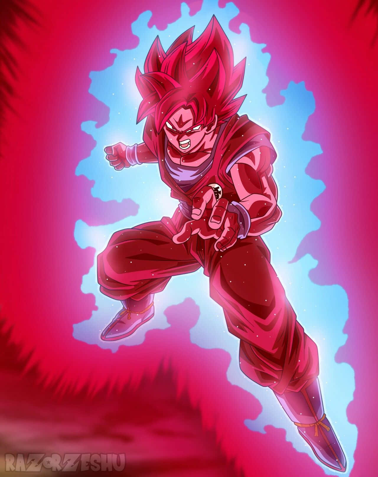 Goku Kaioken 桌布 壁紙 — 一位紅髮動漫戰士擺出動態戰鬥姿勢，被發光的藍色能量包圍，背景是充滿活力的粉紅色。