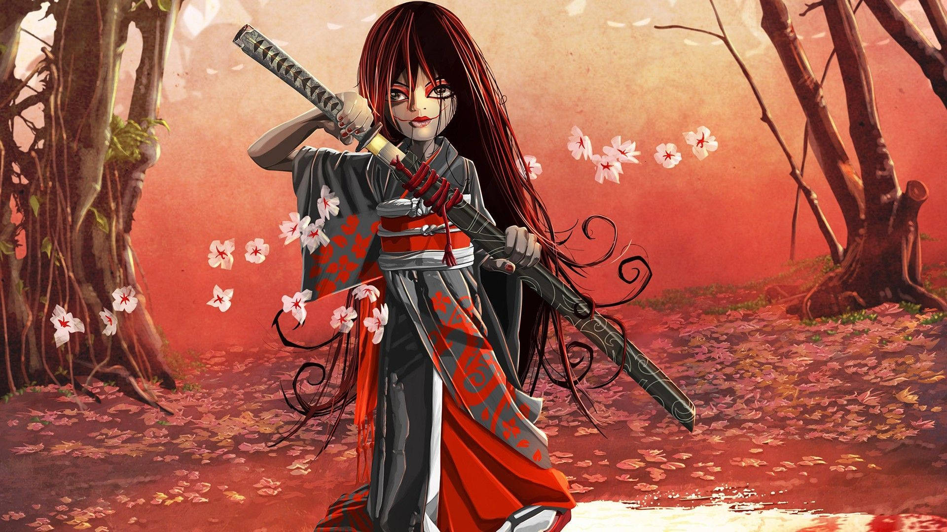 Anime Samurai 桌布 壁紙 — 一位紅髮動漫戰士穿著紅黑和服，站在櫻花林中手持武士刀。