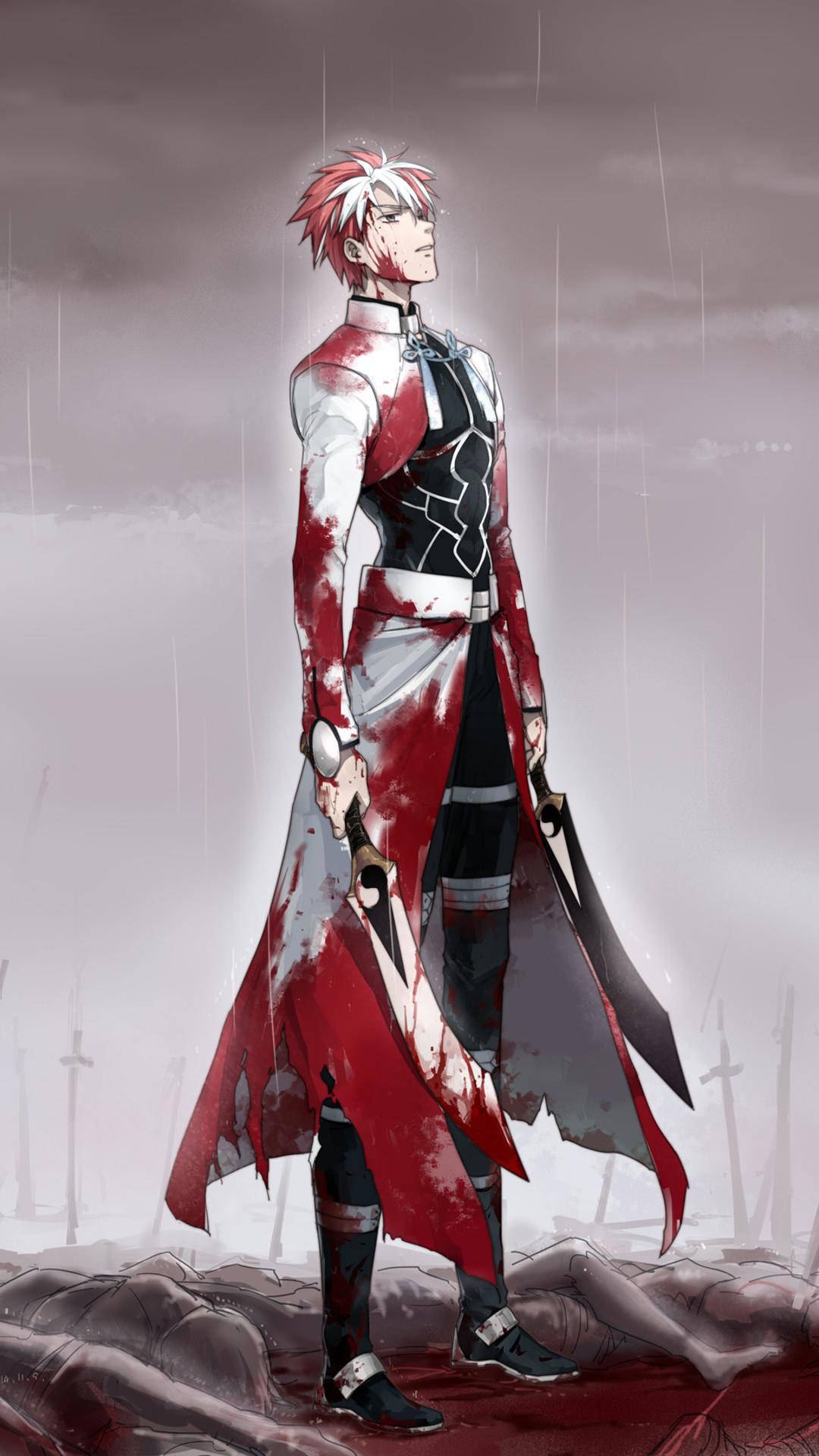 HD anime phone 桌布 壁紙 — 一位紅髮動漫戰士穿著血跡斑斑的外套，在雨中莊嚴地站在倒下的屍體和破碎的十字架之間。