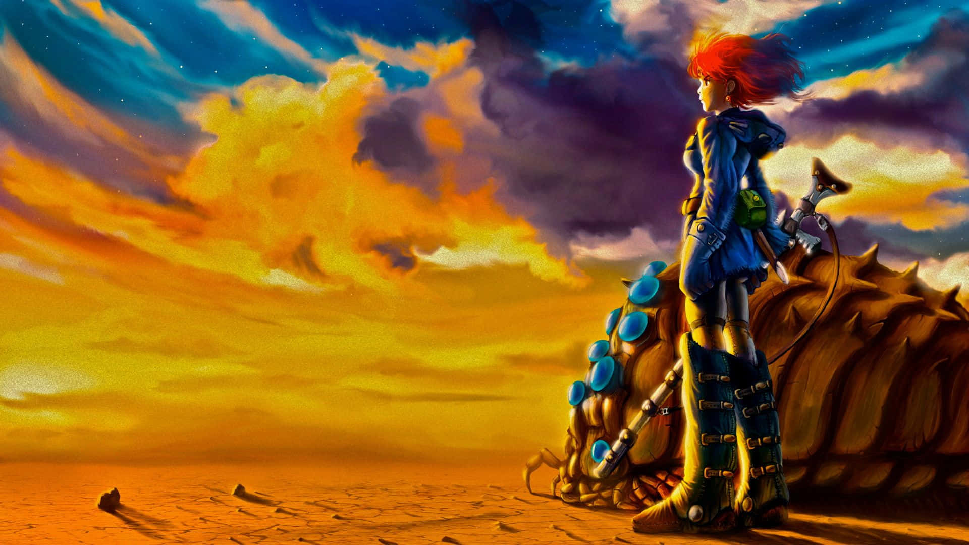 nausicaä of the valley of the wind 桌布 壁紙 — 一位紅髮動漫戰士站在一個有刺的生物上，身處廣闊的沙漠，背景是戲劇性的日落天空。