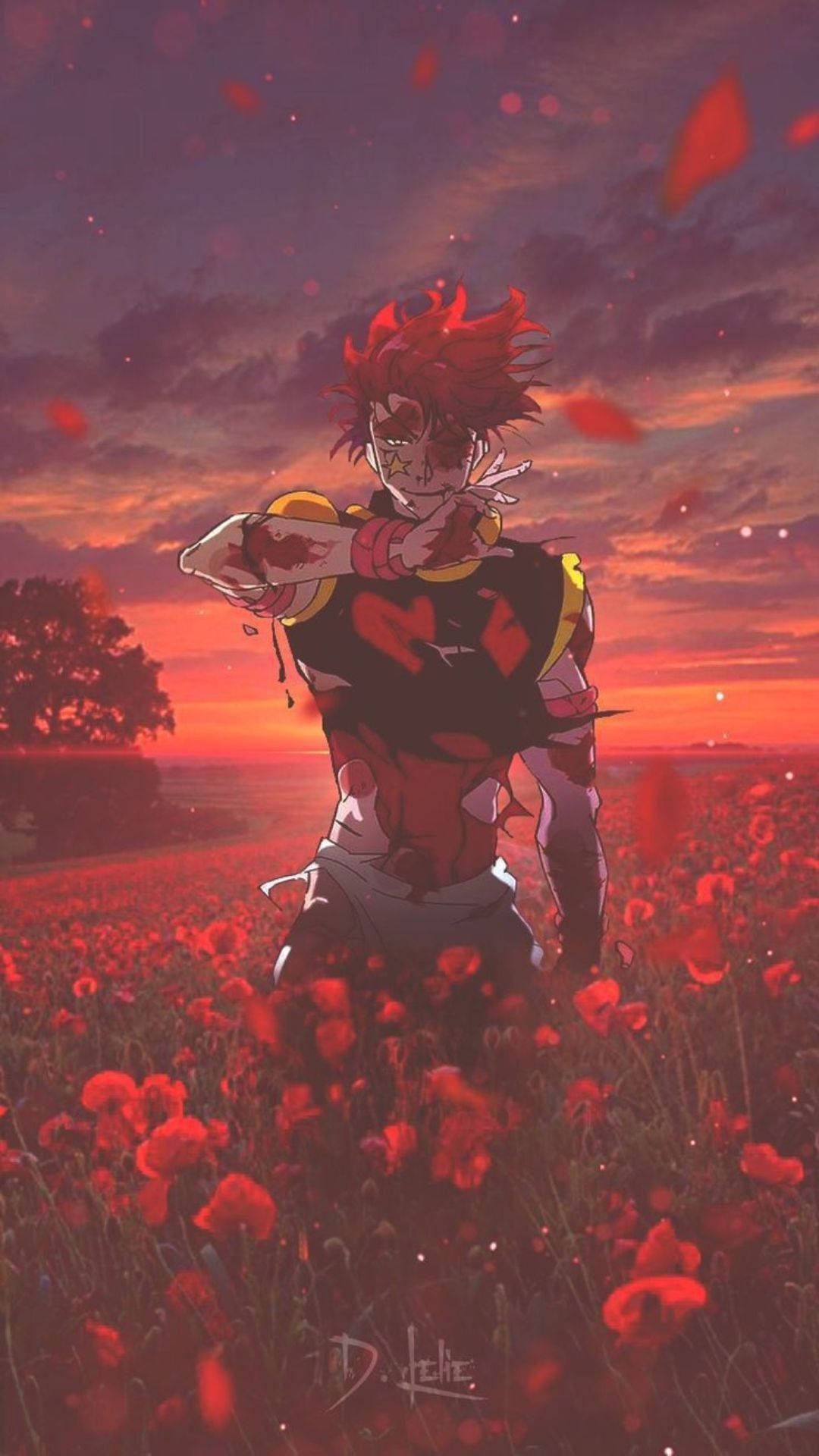 獵人 x 獵人 桌布 壁紙 — 一位紅髮動漫戰士跪在紅色罌粟花田中，背景是熾熱的夕陽天空，花瓣飄落。