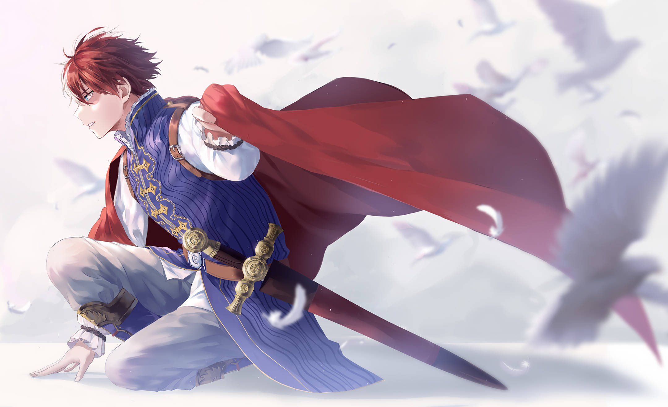 Todoroki Aesthetic 桌布 壁紙 — 一位紅髮動漫戰士跪在雪地上，披著飄逸的紅色斗篷，手持劍，白色鳥兒在他周圍翱翔。