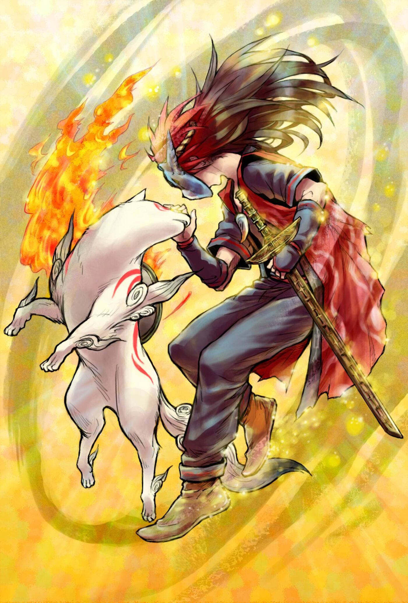 Okami 桌布 壁紙 — 一位紅髮動漫戰士身穿紅色斗篷，在旋轉的金色能量中與一隻白色狐狸般的生物戰鬥。