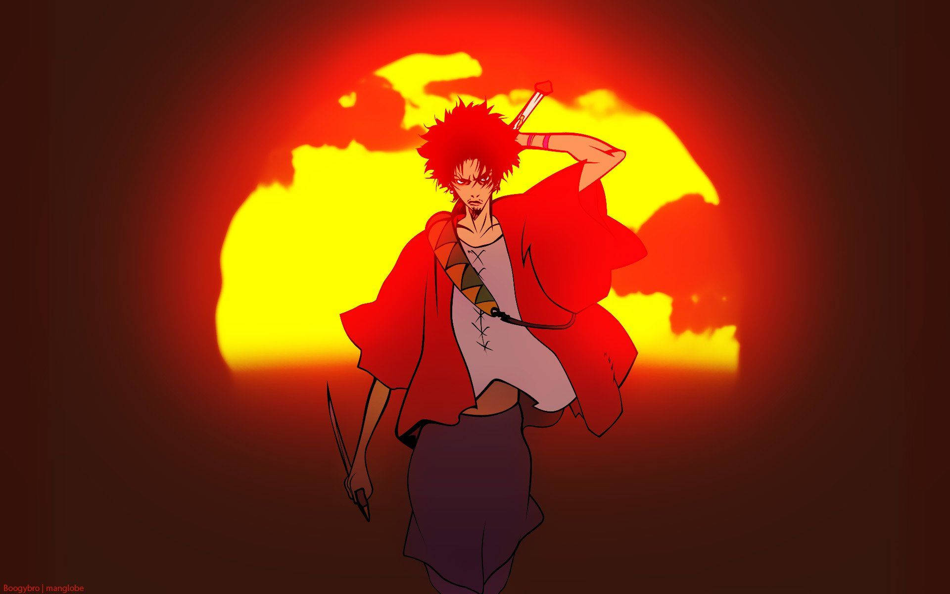 混沌武士 桌布 壁紙 — 一位紅髮動漫戰士身穿紅色斗篷，手持劍，傲然站立在熾熱的夕陽天空下。