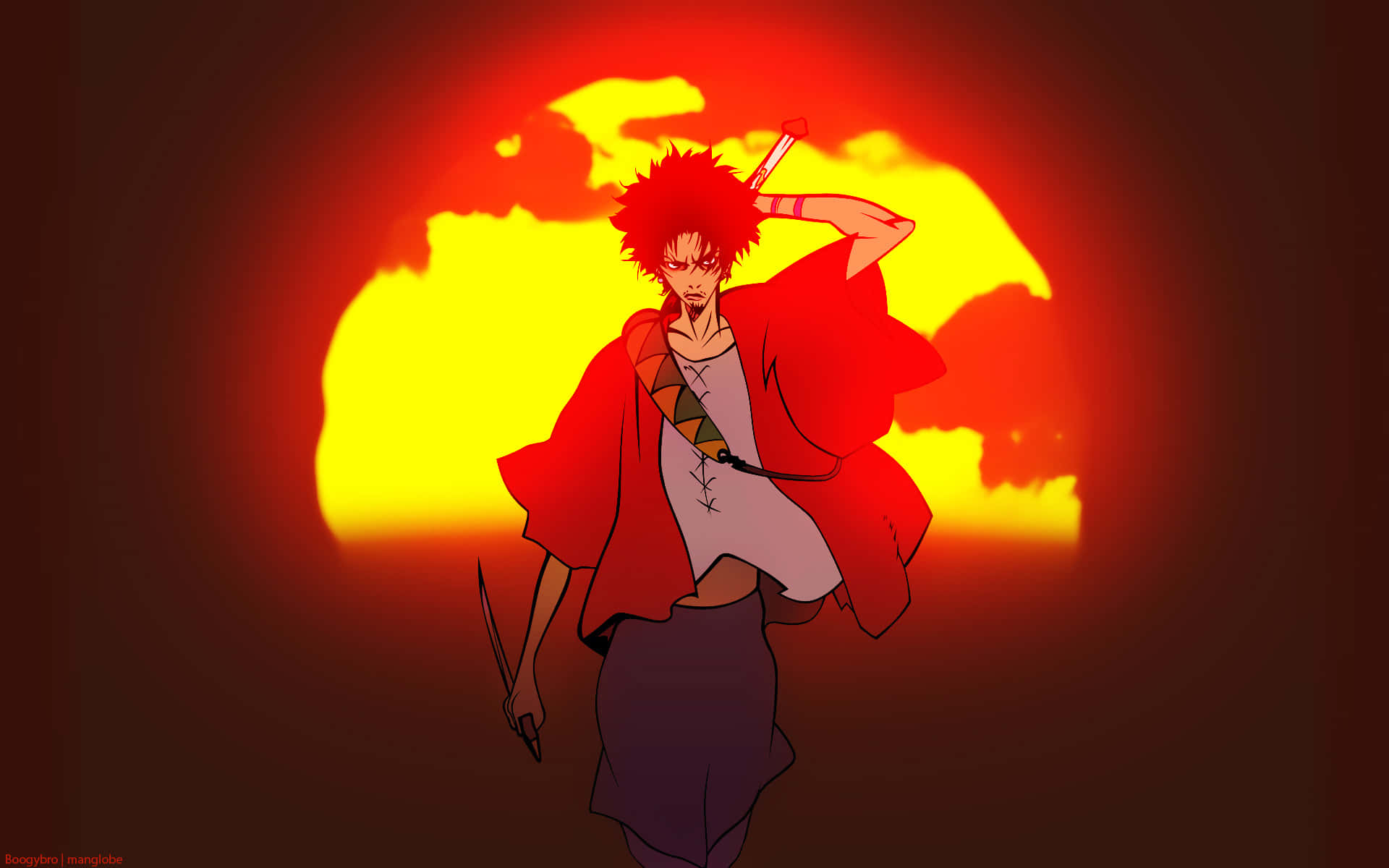 Samurai Champloo 桌布 壁紙 — 一位紅髮動漫戰士身穿紅色斗篷，手持劍，在熾熱的夕陽天空下傲然挺立。