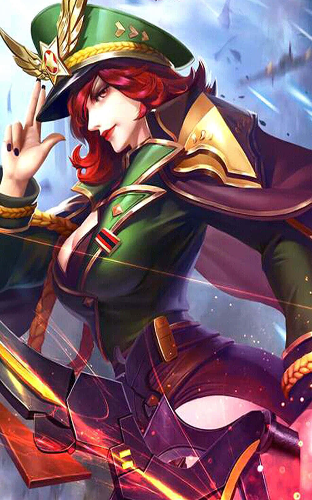 Mobile Legends 動態圖 桌布 壁紙 — 一位紅髮動漫戰士身穿綠色和金色軍裝，在暴風雨的天空下揮舞著發光的劍。