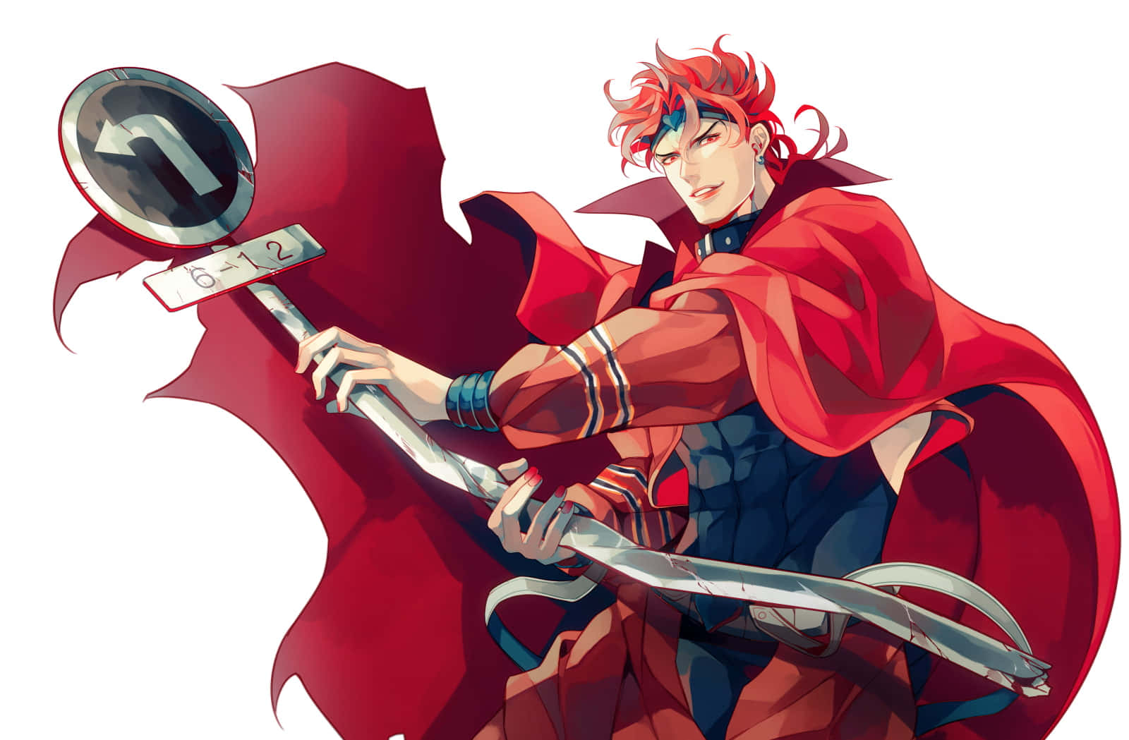 Dio Brando 桌布 壁紙 — 一位紅髮動漫戰士身穿飄逸的紅色斗篷，在純白背景前揮舞著一把帶有圓形刀片的大銀劍。