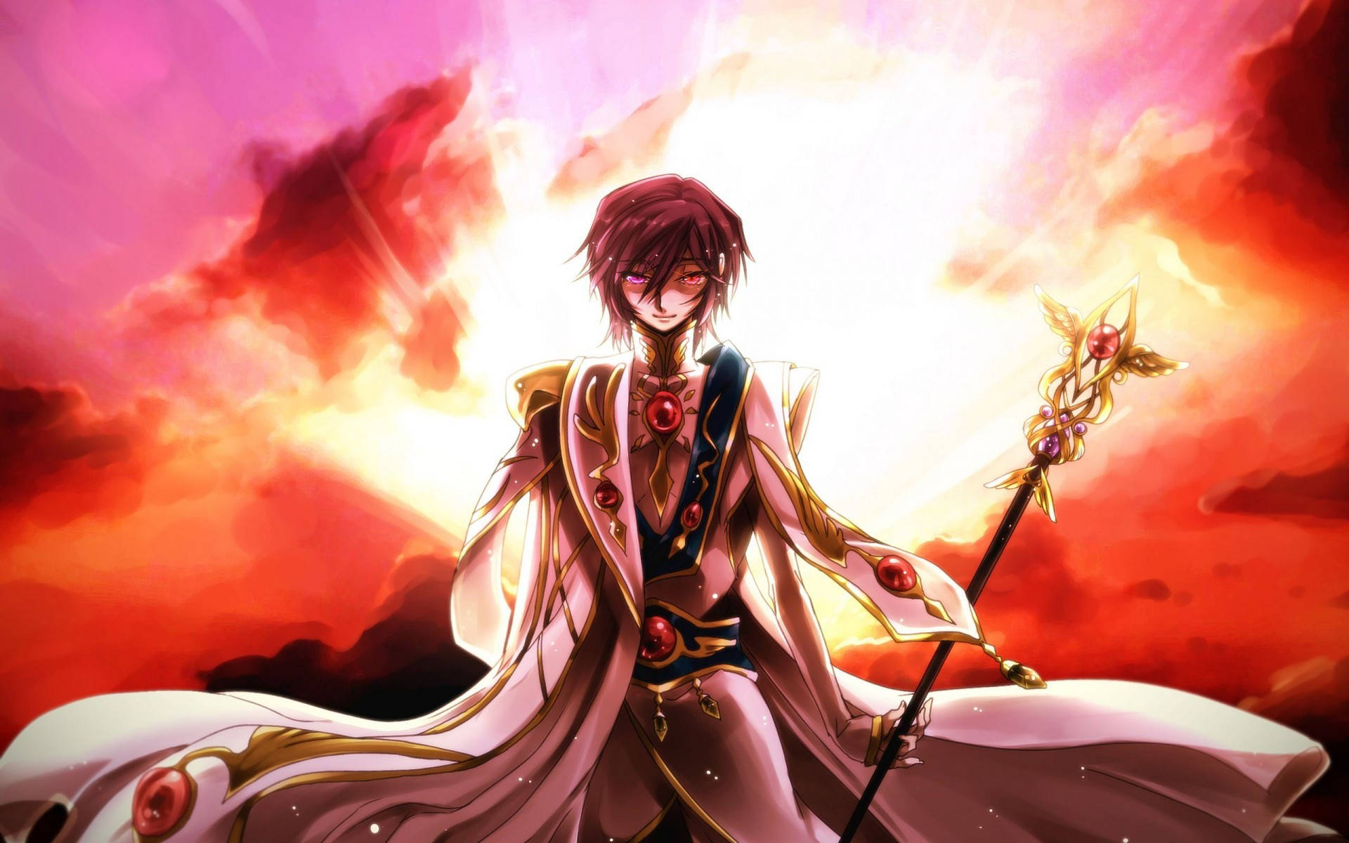 lelouch lamperouge 桌布 壁紙 — 一位紅髮動漫法師穿著華麗的粉紅色和金色長袍，手持鑲有寶石的法杖，背景是熾熱的日落天空。