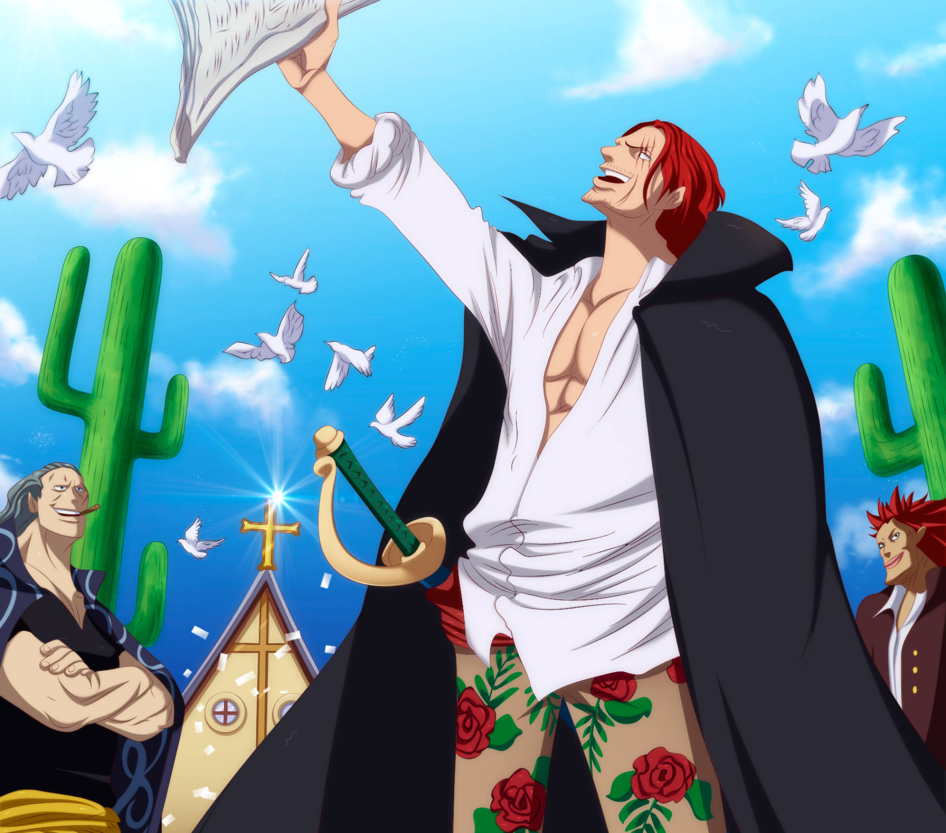 Shanks 桌布 壁紙 — 一位紅髮動漫海盜，身穿黑色外套和玫瑰圖案褲子，舉起一張地圖，白色鴿子在他周圍飛翔，背景是明亮的藍天，有仙人掌和一座教堂。