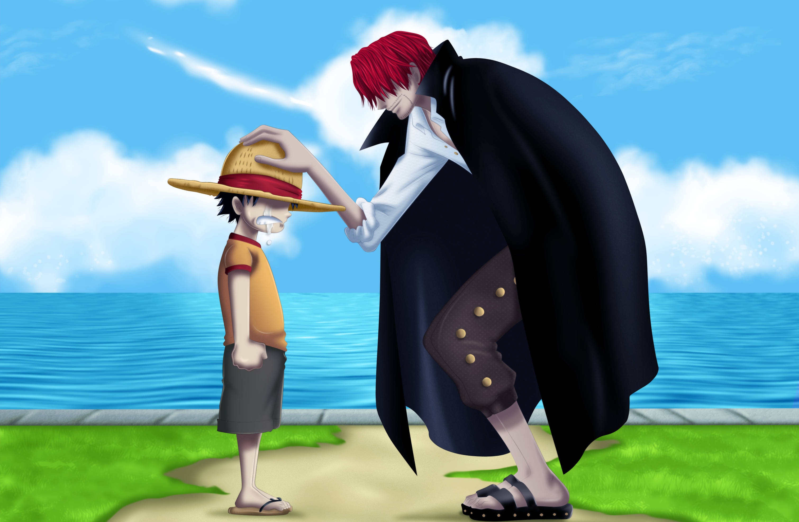 Shanks 桌布 壁紙 — 一位紅髮動漫男子身穿黑色外套，在明亮的藍天下，輕輕為站在海邊的男孩調整草帽。
