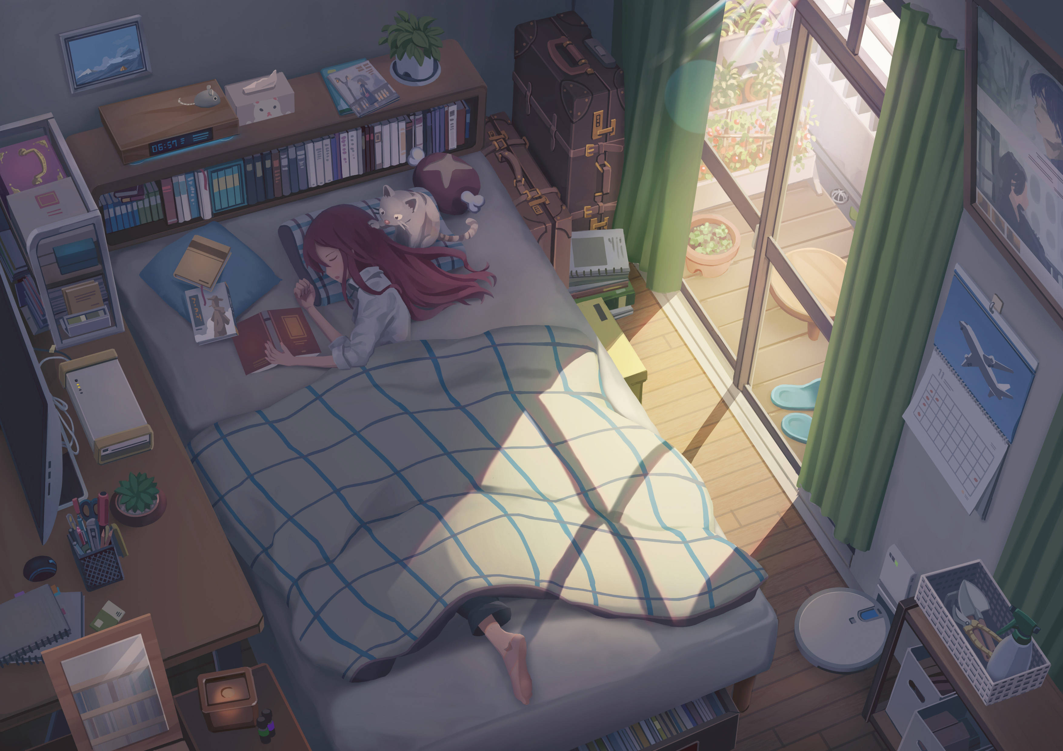 Bedroom 桌布 壁紙 — 一位紅髮動畫女孩在床上看書，陽光穿過玻璃門灑在她格子毯上。
