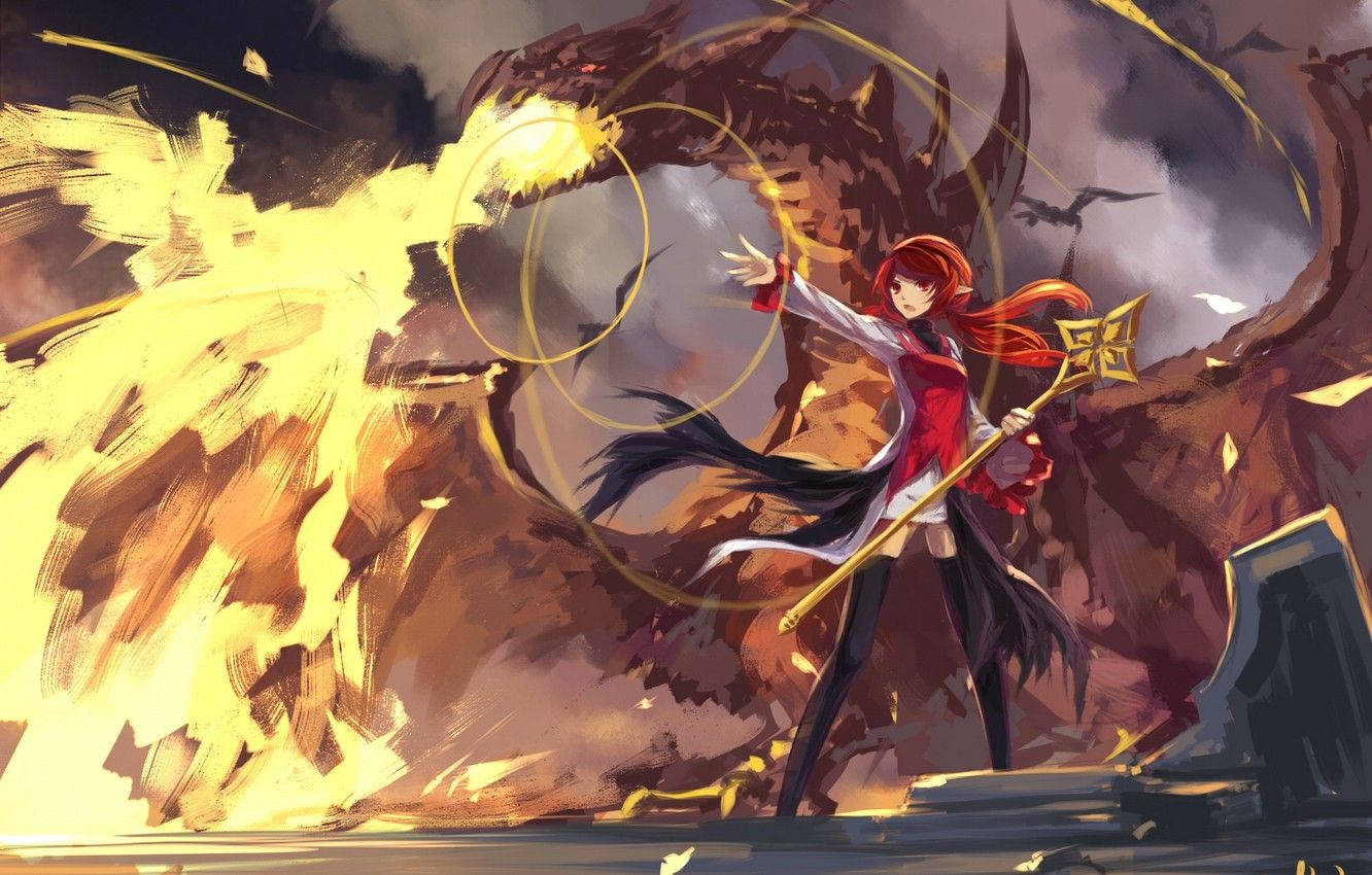 Fire Anime 桌布 壁紙 — 一位紅髮動畫法師揮舞著發光法杖，在崩塌的廢墟中與一條巨龍進行激烈的戰鬥。