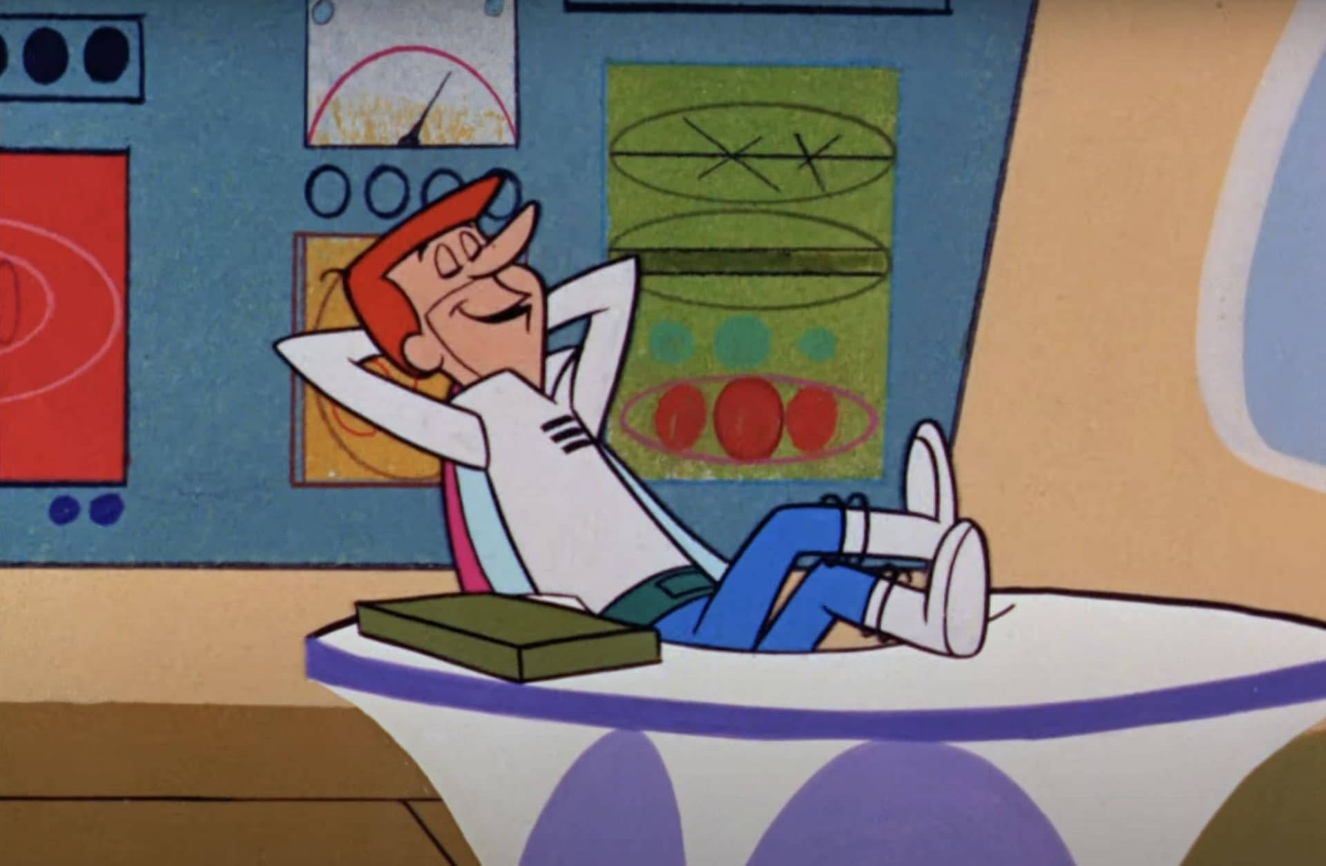 Animated 桌布 壁紙 — 一位紅髮卡通科學家愉快地躺在一張未來風格的實驗桌上，周圍環繞著復古科幻小工具。