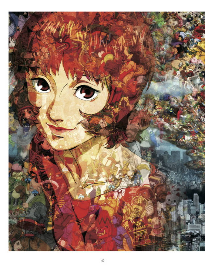 satoshi kon 桌布 壁紙 — 一位紅髮大眼的年輕女孩向前凝視，她的頭部和肩膀由動漫角色和城市景觀元素的拼貼組成。
