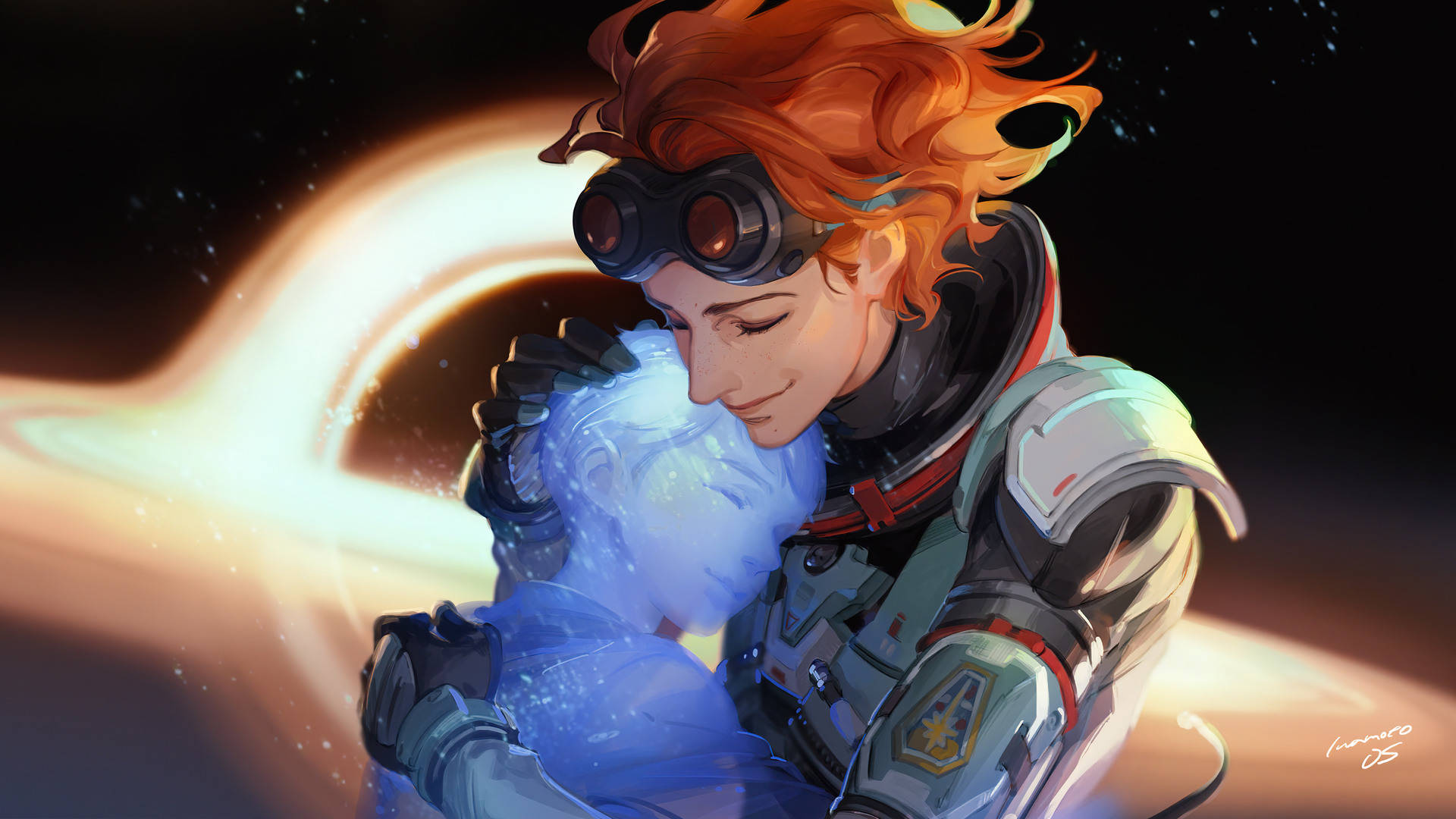 Cool Apex Legends 桌布 壁紙 — 一位紅髮太空人穿著太空衣，在旋轉的宇宙背景下輕輕懷抱著一顆發光的藍色球體。