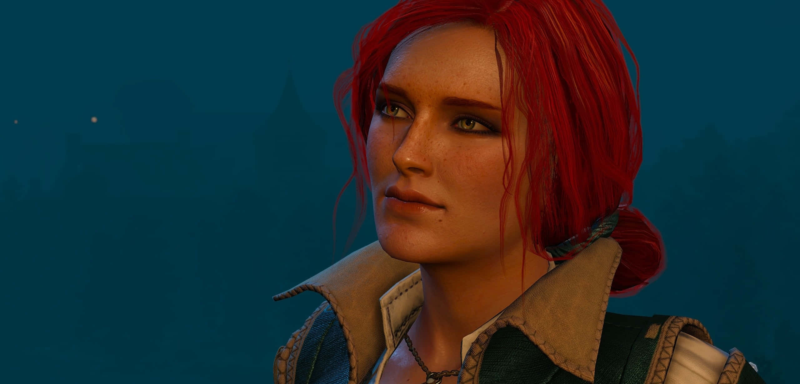 triss merigold 桌布 壁紙 — 一位紅髮女子身穿皮夾克，以深藍色夜晚背景及遠方燈光作特寫。