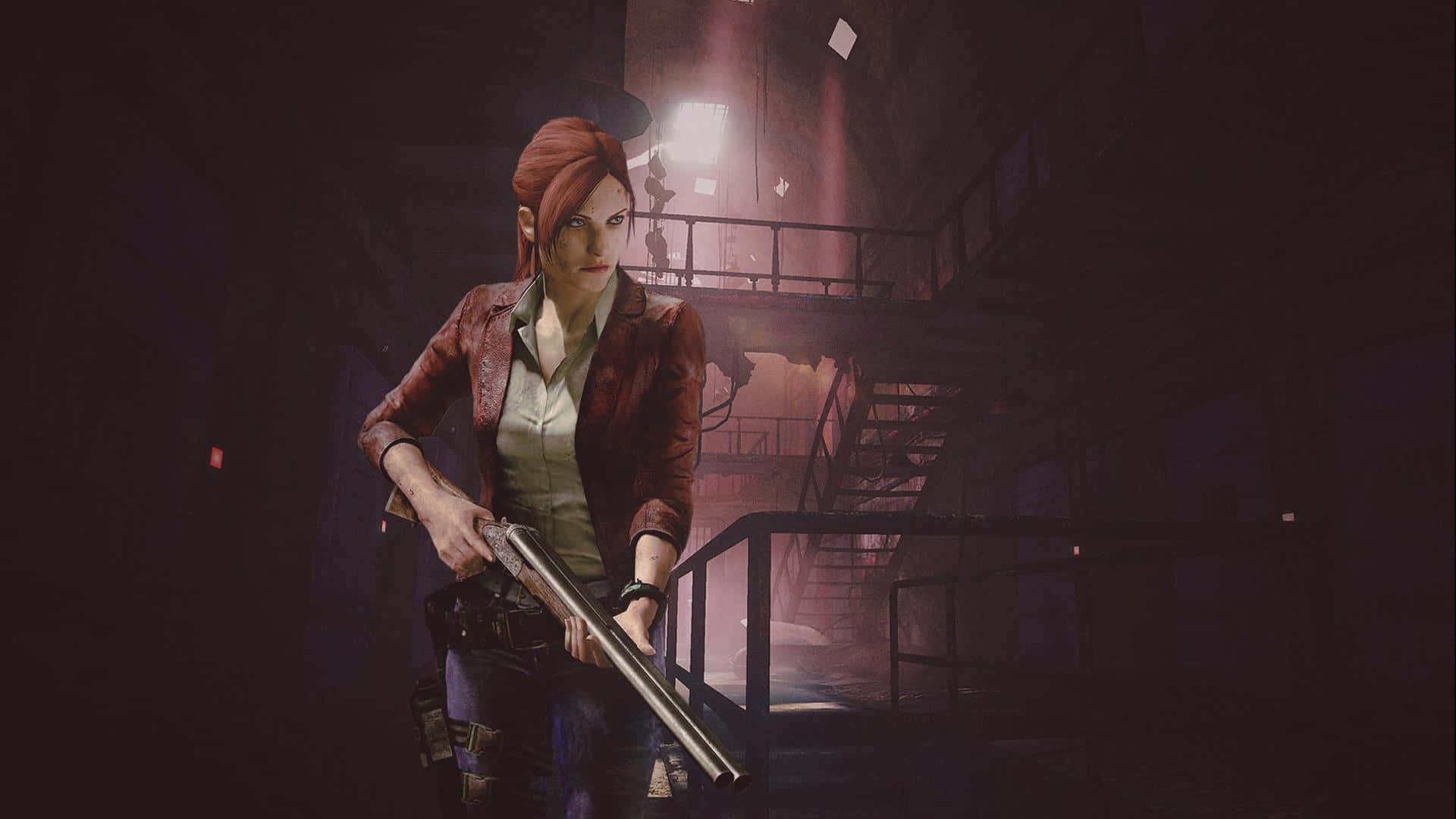 Resident Evil Revelations 2 桌布 壁紙 — 一位紅髮女子身穿皮夾克，在昏暗的工業樓梯間，上方有發光的燈光，手持獵槍。
