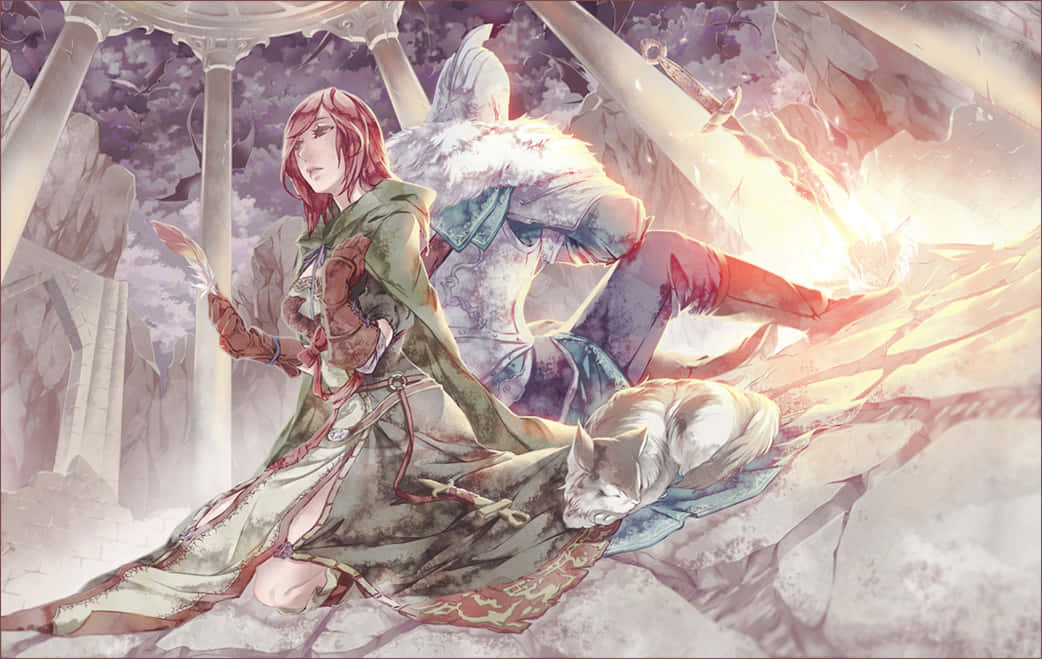 Dark Souls Emerald Herald 桌布 壁紙 — 一位紅髮女子身穿綠色長袍，跪在廢棄寺廟中一隻沉睡的狐狸旁邊，身後站著一位沐浴在溫暖光線中的戰士。
