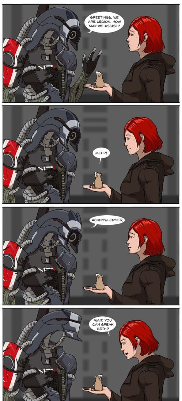 Mass Effect Legion 桌布 壁紙 — 一位紅髮女性在漫畫格序列中與一個抱著小生物的大型裝甲機器人互動。