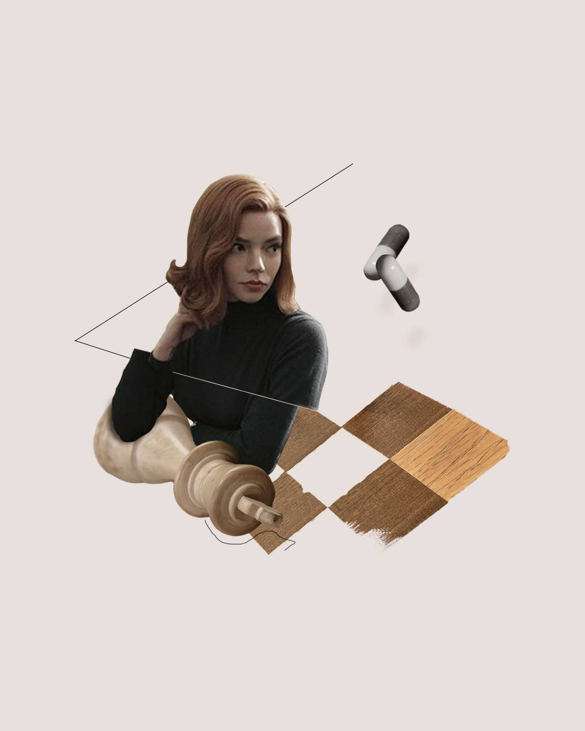 Anya 桌布 壁紙 — 一位紅髮女性坐在浮動的西洋棋棋子和木紋樣本旁邊，背景為中性色。