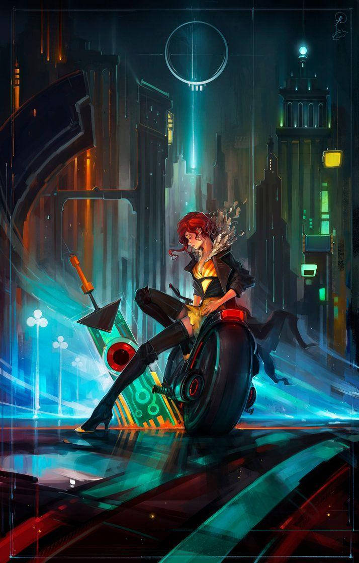 女孩 桌布 壁紙 — 一位紅髮女性穿著黑色外套，在夜晚霓虹燈閃爍的賽博龐克城市景觀中自信地坐在一輛未來感十足的摩托車上。