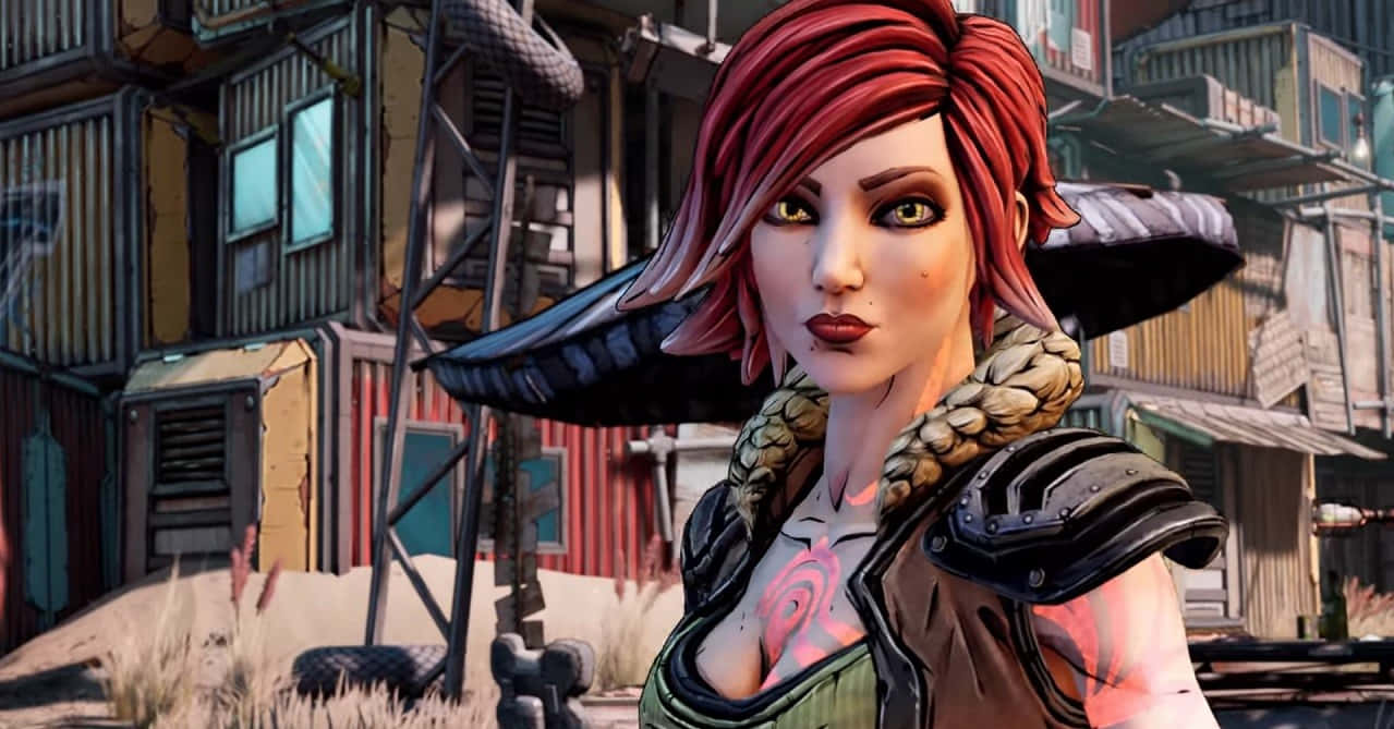 Borderlands Characters 桌布 壁紙 — 一位紅髮女性角色，身上有刺青和盔甲，站在破舊的城市垃圾場中，在明亮的日光下。