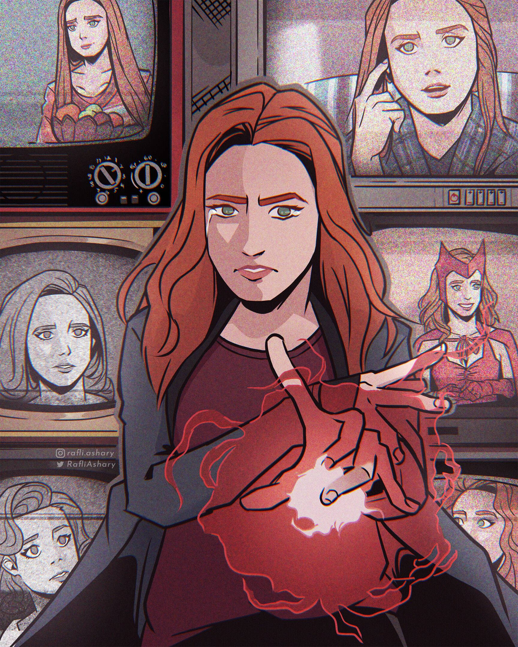 Wanda 桌布 壁紙 — 一位紅髮女性雙手引導發光的紅色能量，周圍環繞著顯示她不同面孔的復古電視機。