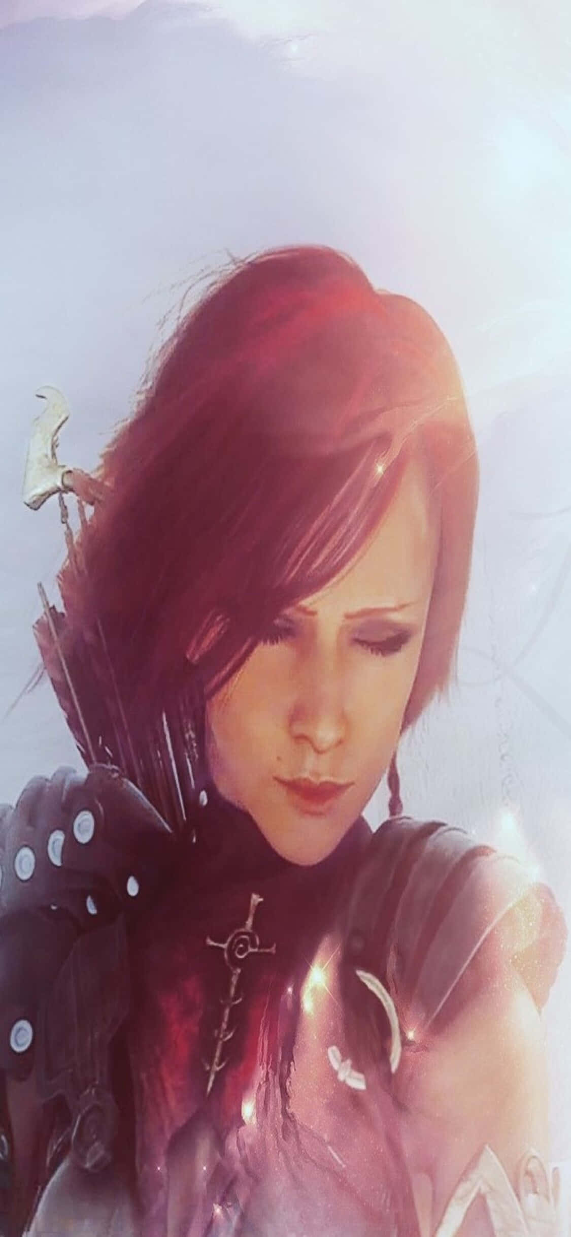 iPhone Xs Dragon Age Inquisition 桌布 壁紙 — 一位紅髮女戰士手持弓箭，在柔和光線下，對著朦朧的天空俯視。