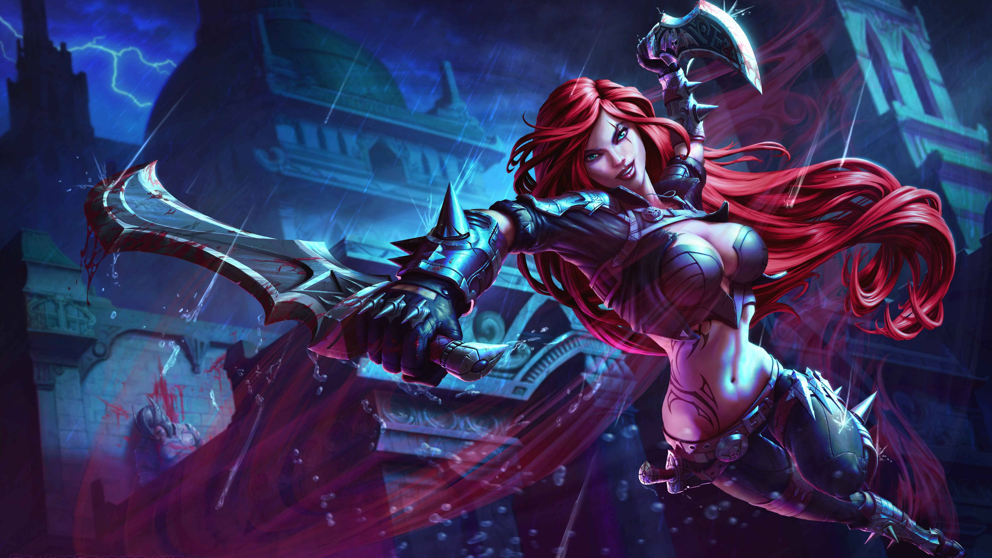 3d League Of Legends 桌布 壁紙 — 一位紅髮女戰士身穿暗色盔甲，在雷電交加的天空下，於風暴肆虐的哥德式城市景觀中揮舞著一把巨大的彎曲刀刃。