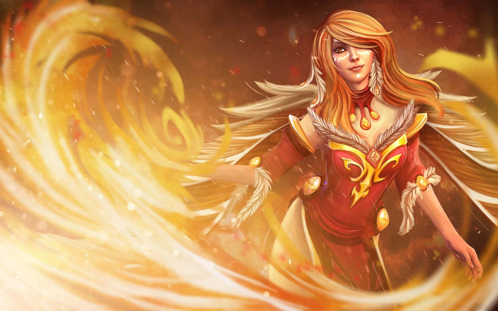 Dota 2 Lina 桌布 壁紙 — 一位紅髮女戰士身穿紅色鎧甲，站在旋轉的金色火焰中，帶有羽毛翅膀和發光的餘燼。