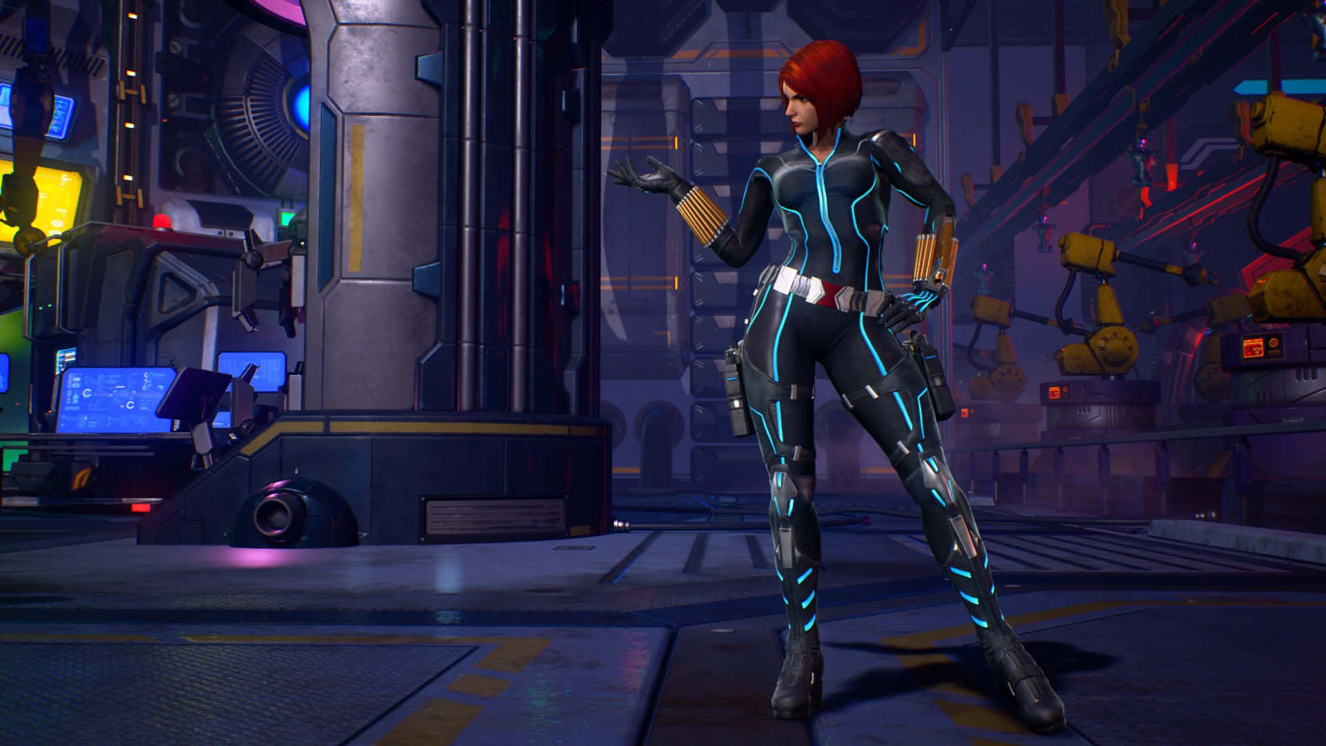Marvel Vs Capcom 桌布 壁紙 — 一位紅髮女特務穿著發光的藍色套裝，自信地站在一個充滿機器和霓虹燈的高科技未來實驗室中。