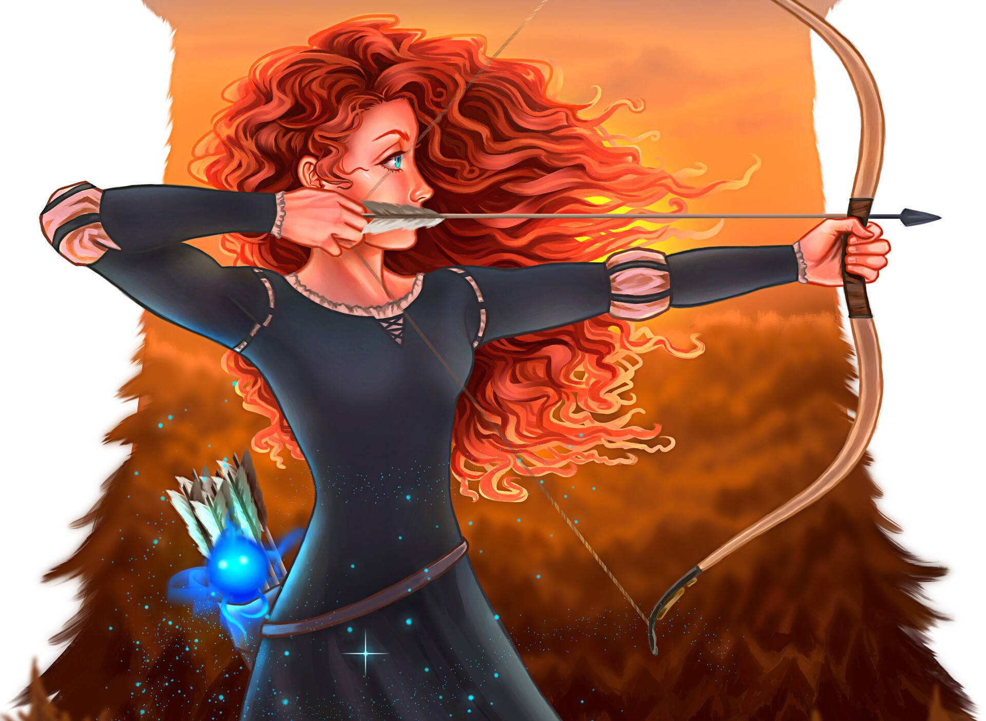 Disney Brave 桌布 壁紙 — 一位紅髮如火、身穿深色連衣裙的弓箭手，在耀眼的橙色日落背景下拉弓，射出魔法藍色箭矢。