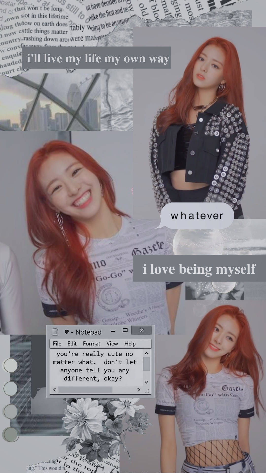 ITZY 桌布 壁紙 — 一位紅髮年輕女子微笑並在包含文字引言和記事本視窗的拼貼中擺姿勢。