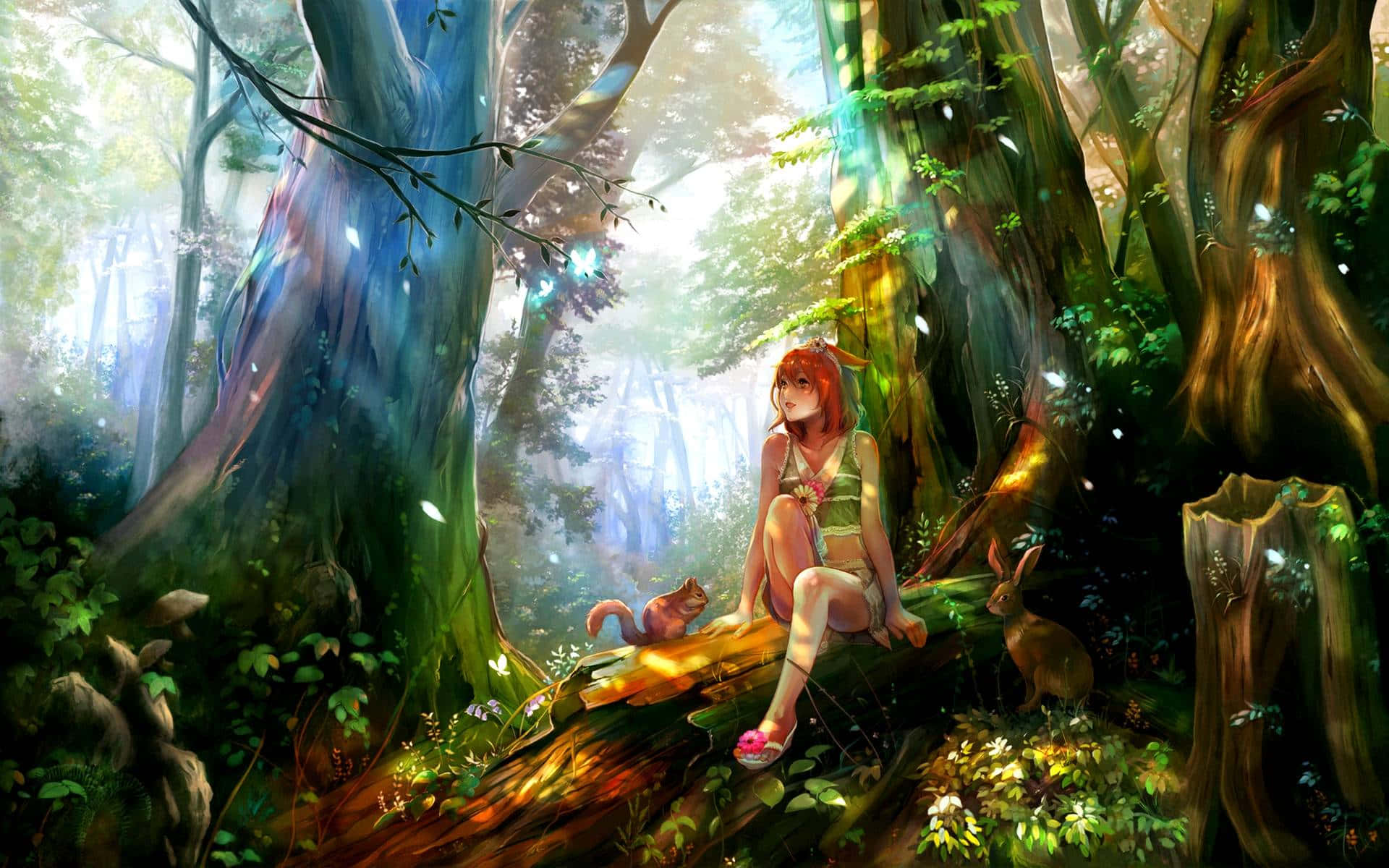 Anime Forest 桌布 壁紙 — 一位紅髮年輕女性平靜地坐在陽光照耀的木頭上，身處一個茂密魔法森林，附近有發光的樹木和小動物。
