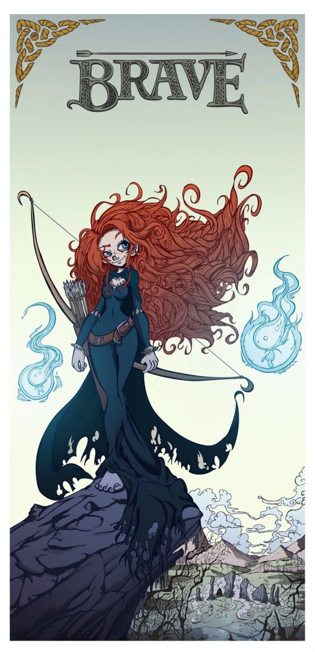 Merida 桌布 壁紙 — 一位紅髮弓箭手站在懸崖頂上，手持弓箭，周圍環繞著旋轉的藍色魔法，這是一幅奇幻插畫。