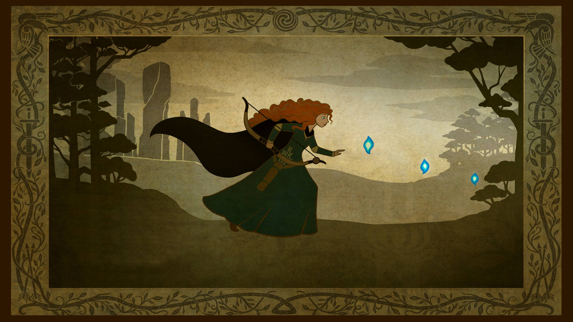 Disney Brave 桌布 壁紙 — 一位紅髮弓箭手身穿綠色斗篷，穿過迷霧森林，向遠處的石柱發射發光的藍色箭矢。